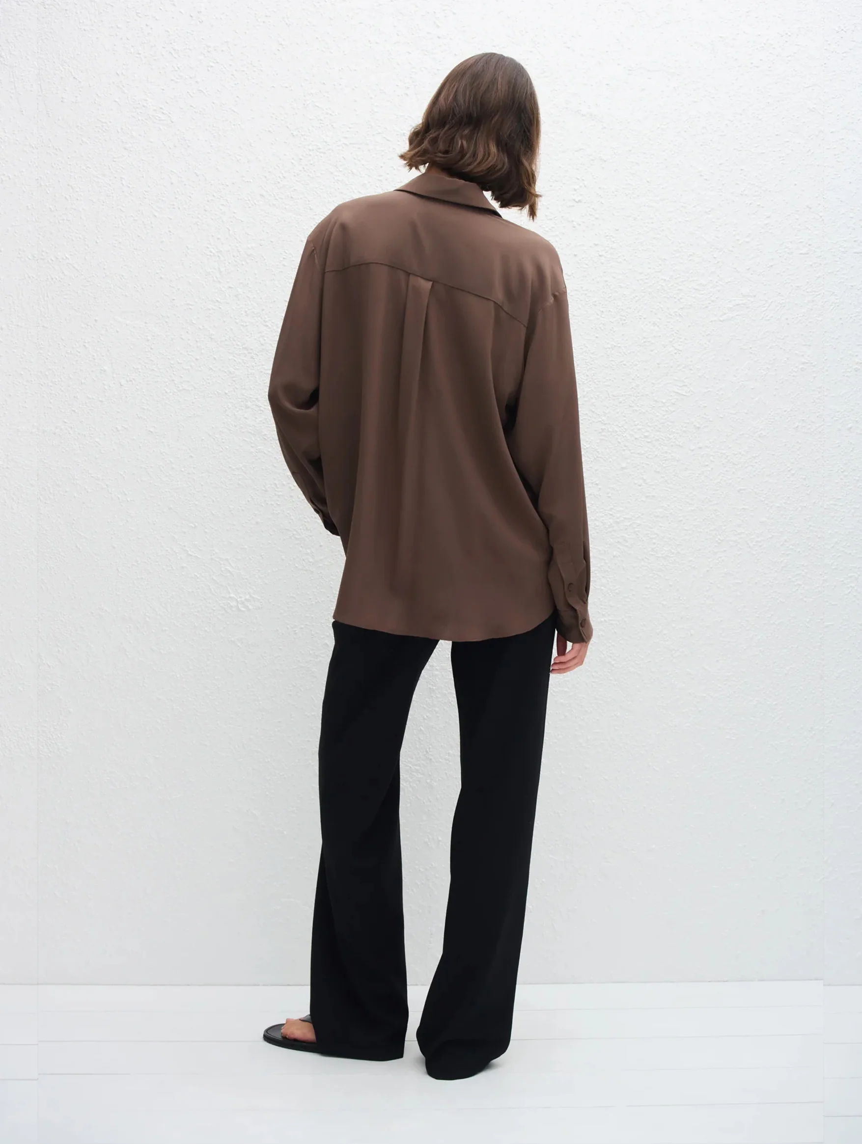 Long Sleeve Silk Shirt in Truffle - Image 5