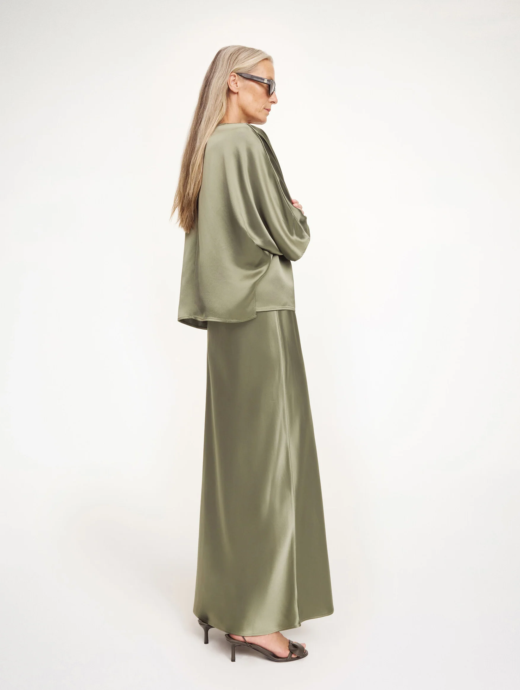 Lucia Satin Blouse in Deep Lichen Green - Image 3