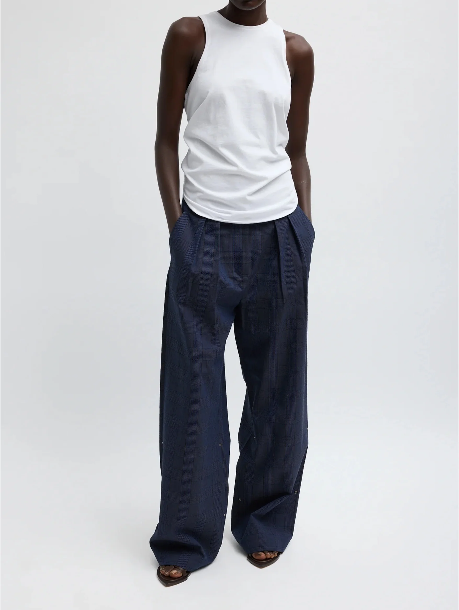 Menswear Crepon Stella Full Length Pant in Navy Multi Plaid