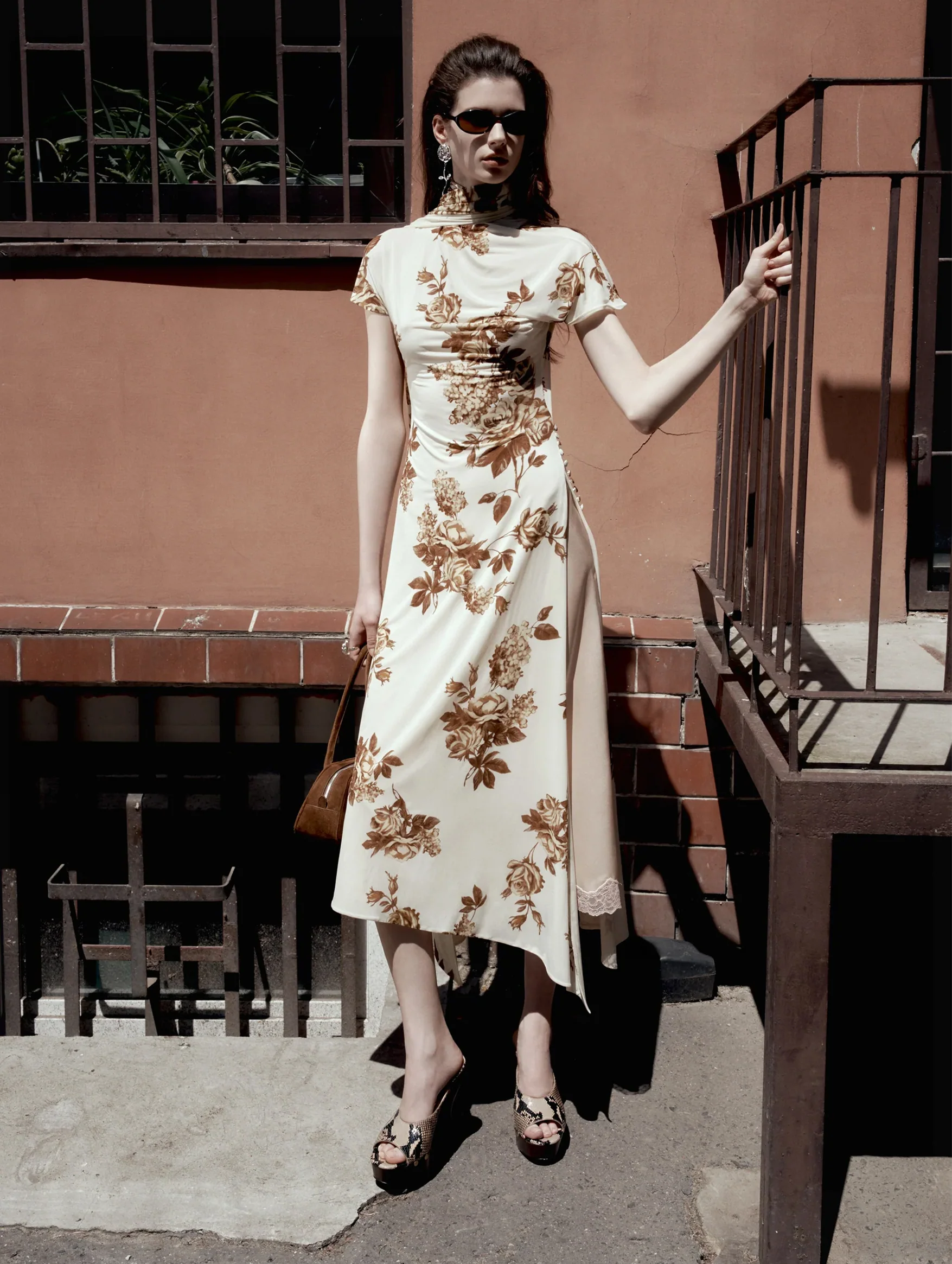 Midi Dress With Scarf Detail in Cream Floral Print - Image 3