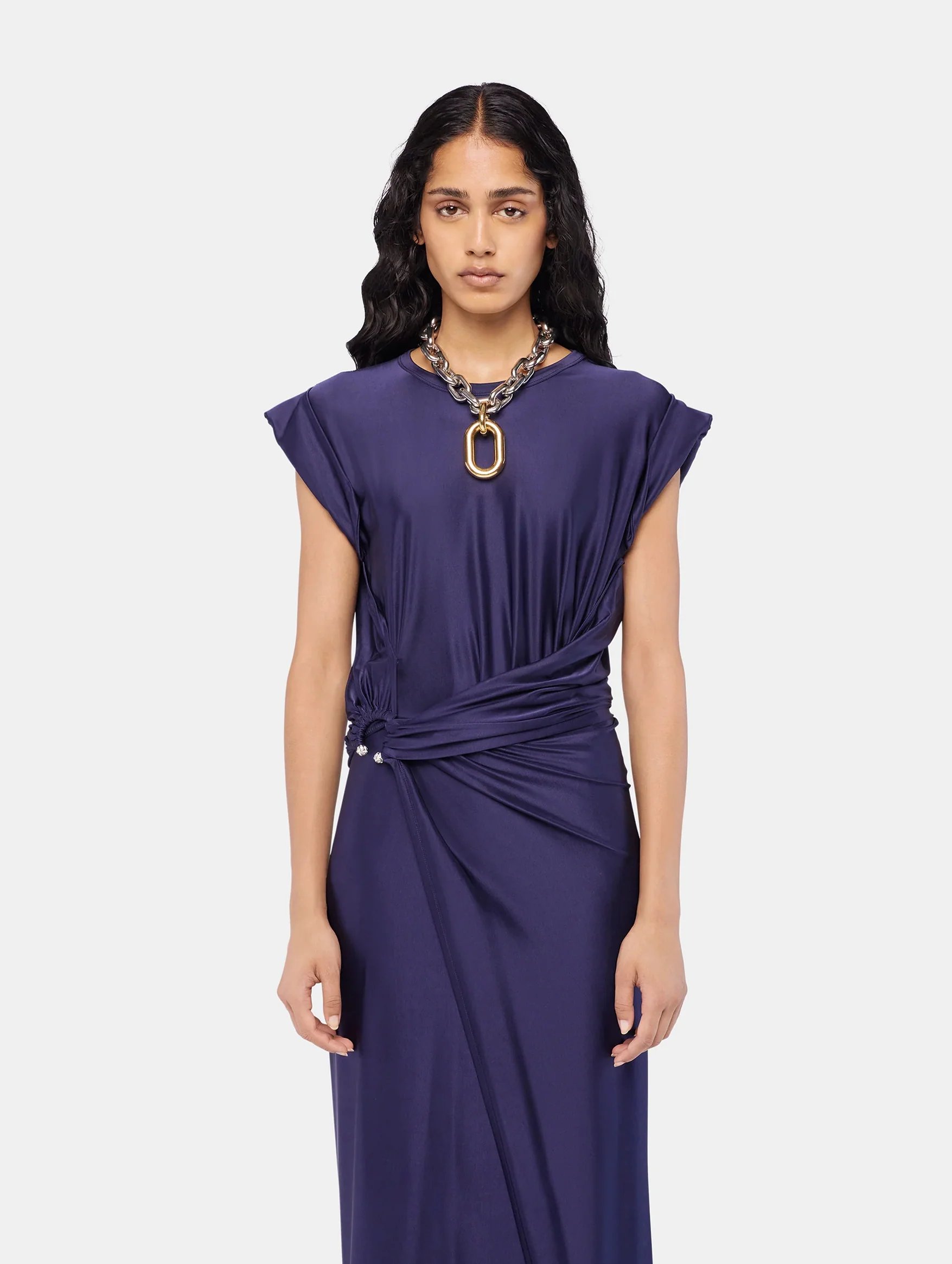 Midi Piercing Jersey Dress in Deep Navy - Image 4