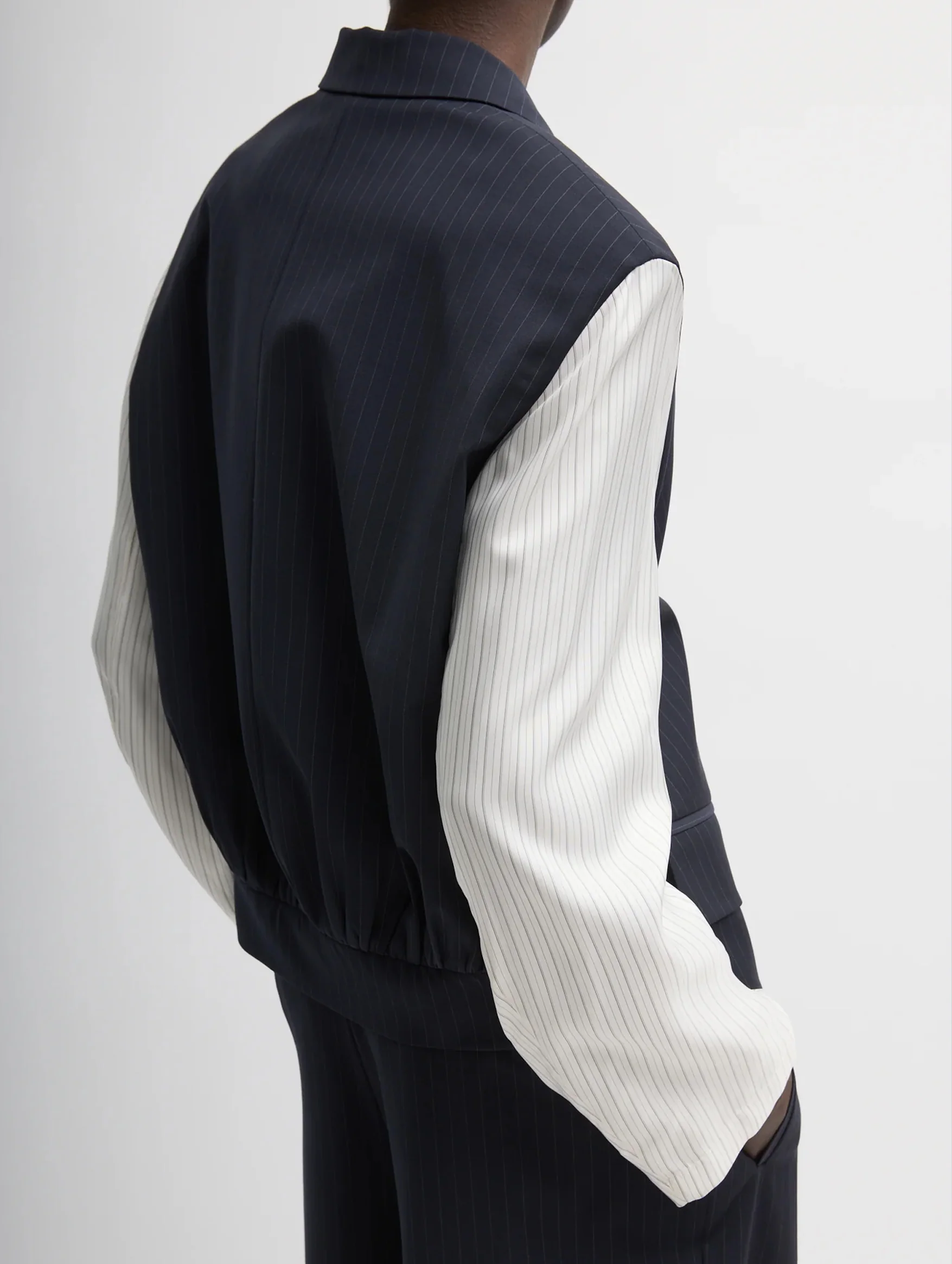 Mier Pinstripe Blazer with Combo Sleeves in Navy - Image 3