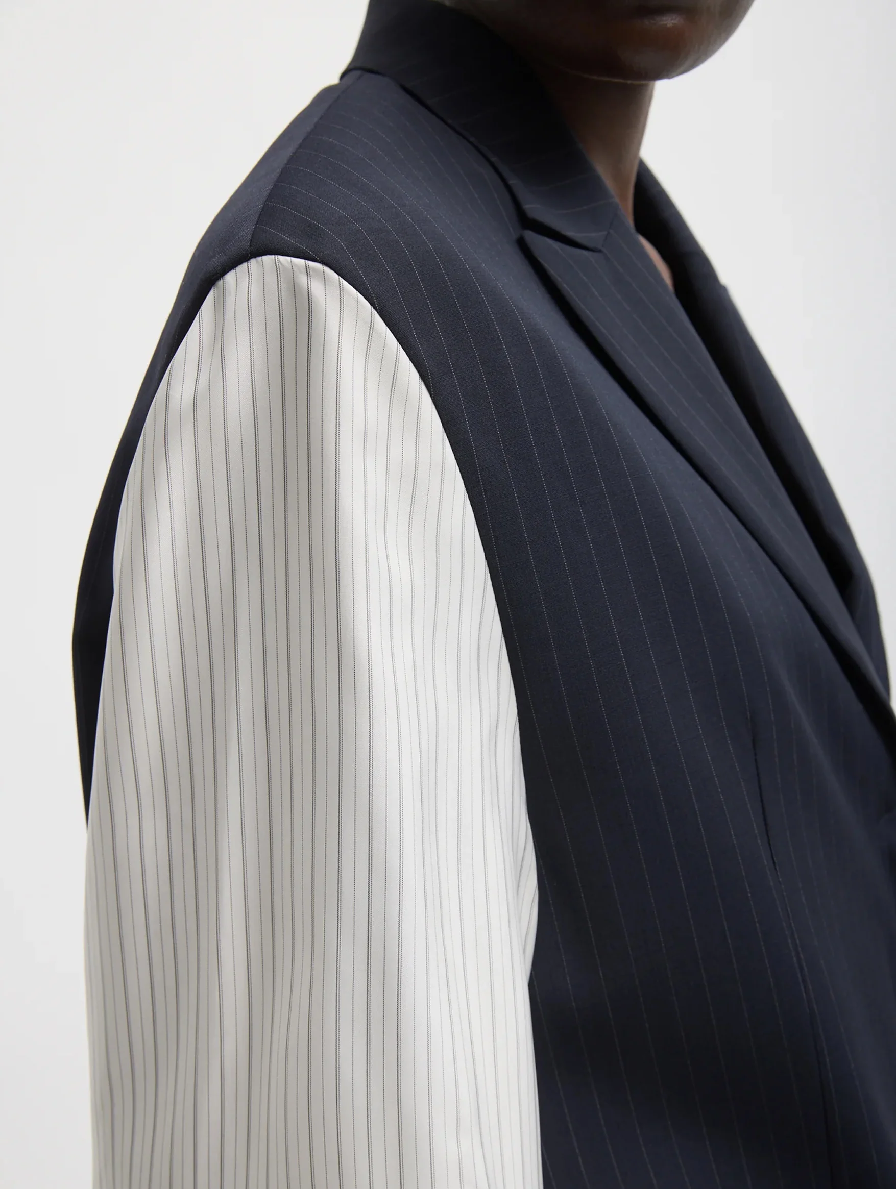 Mier Pinstripe Blazer with Combo Sleeves in Navy - Image 4