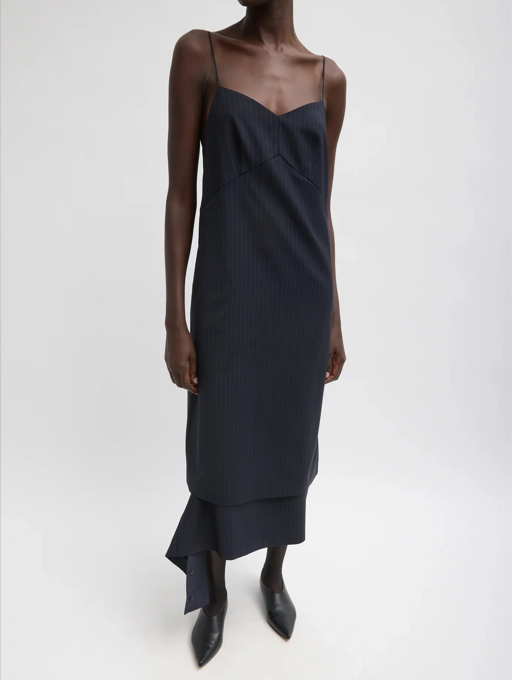 Mier Pinstripe Convertible Slip Dress in Navy - Image 2