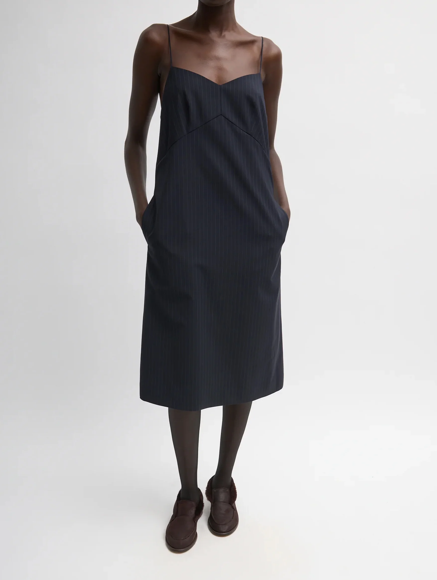 Mier Pinstripe Convertible Slip Dress in Navy - Image 3