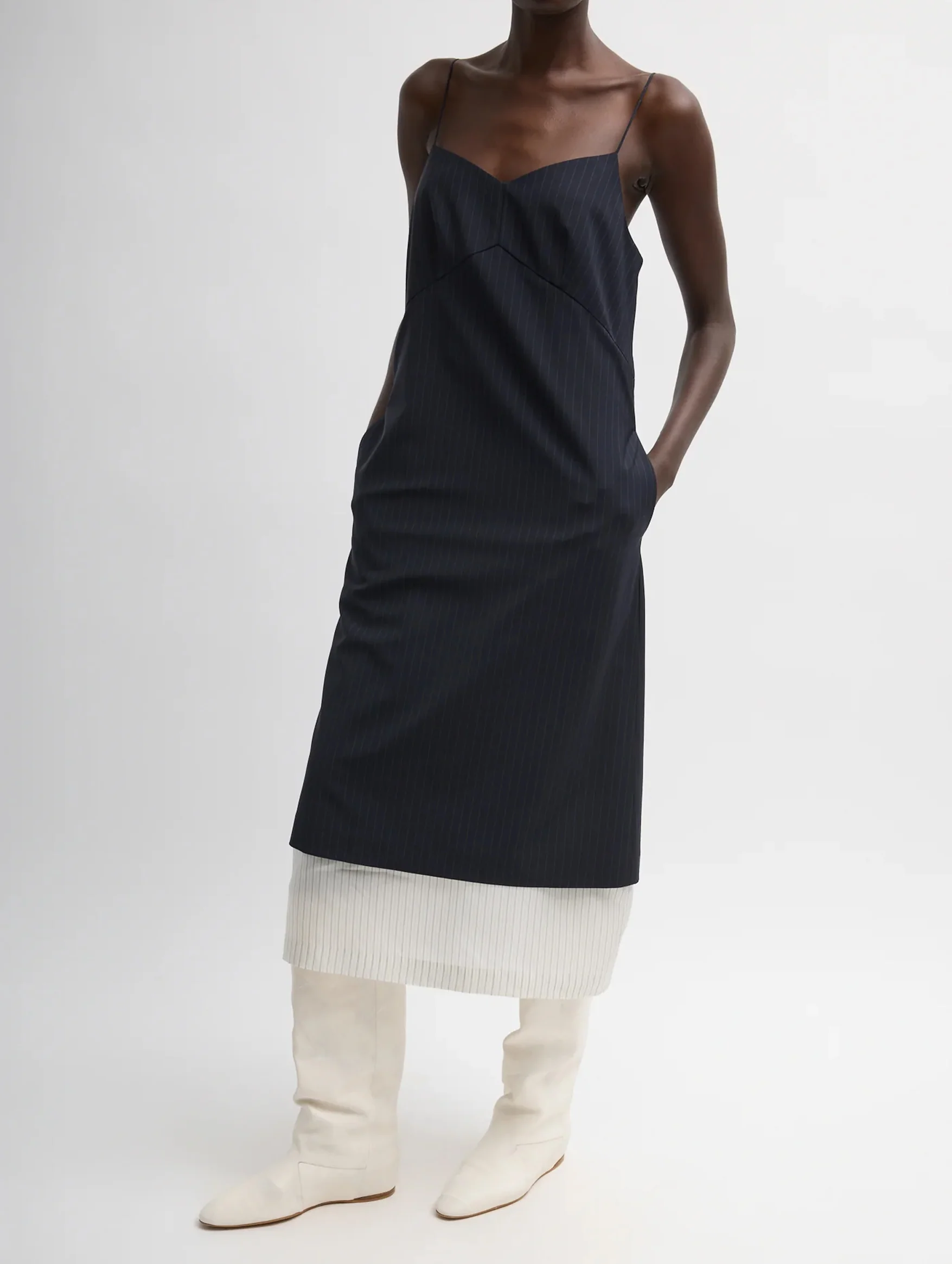 Mier Pinstripe Convertible Slip Dress in Navy - Image 4