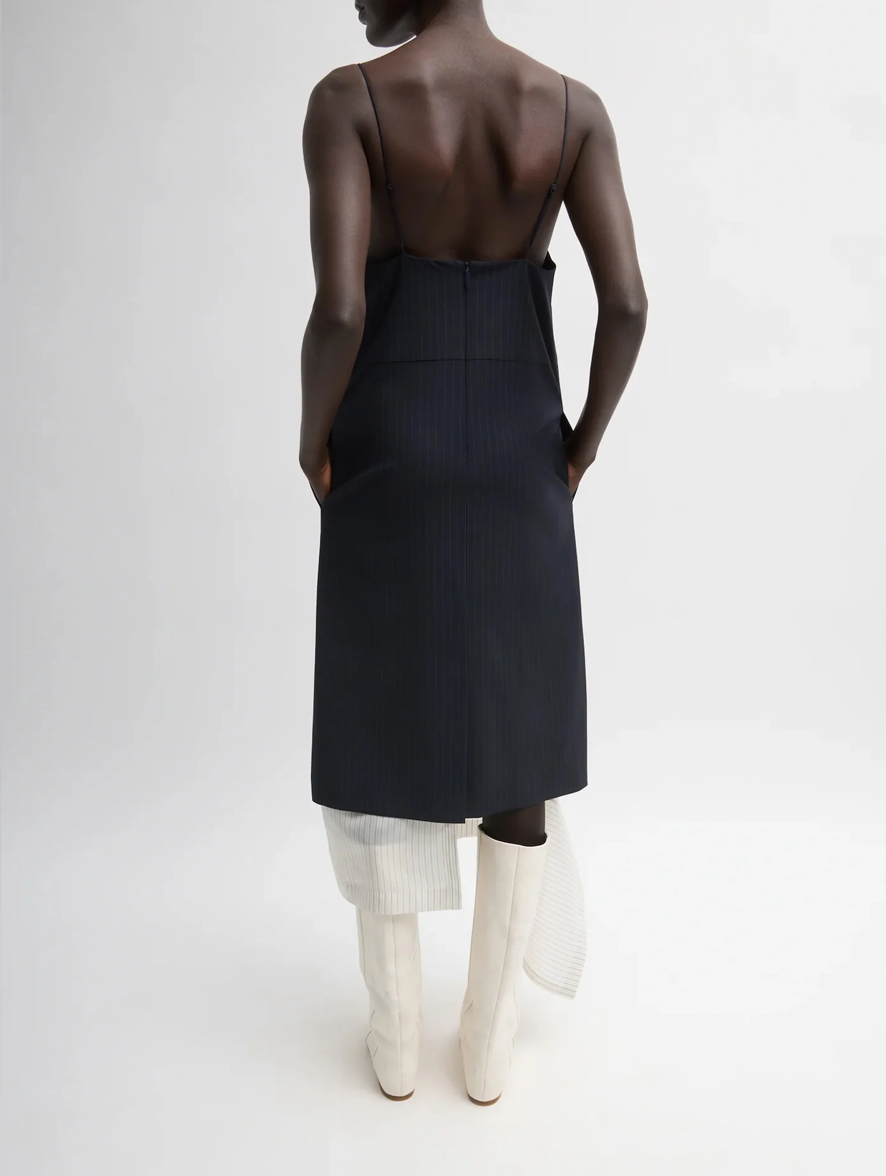 Mier Pinstripe Convertible Slip Dress in Navy - Image 5