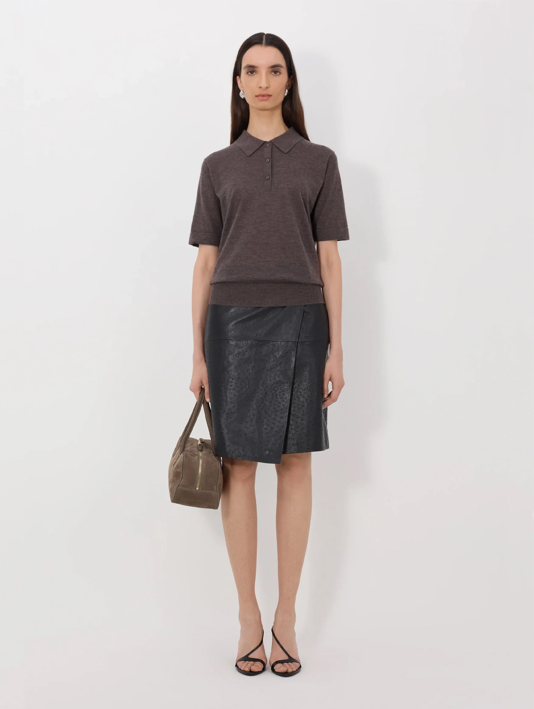 Migo Cashmere Polo Top in Brown Melange - Image 2