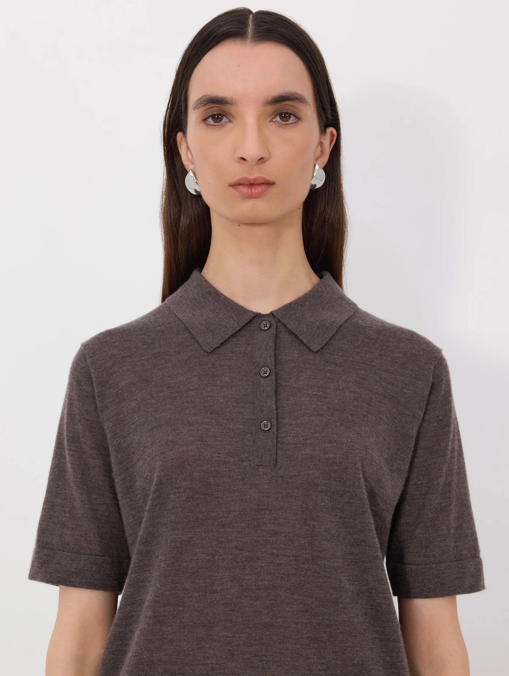 Migo Cashmere Polo Top in Brown Melange - Image 4