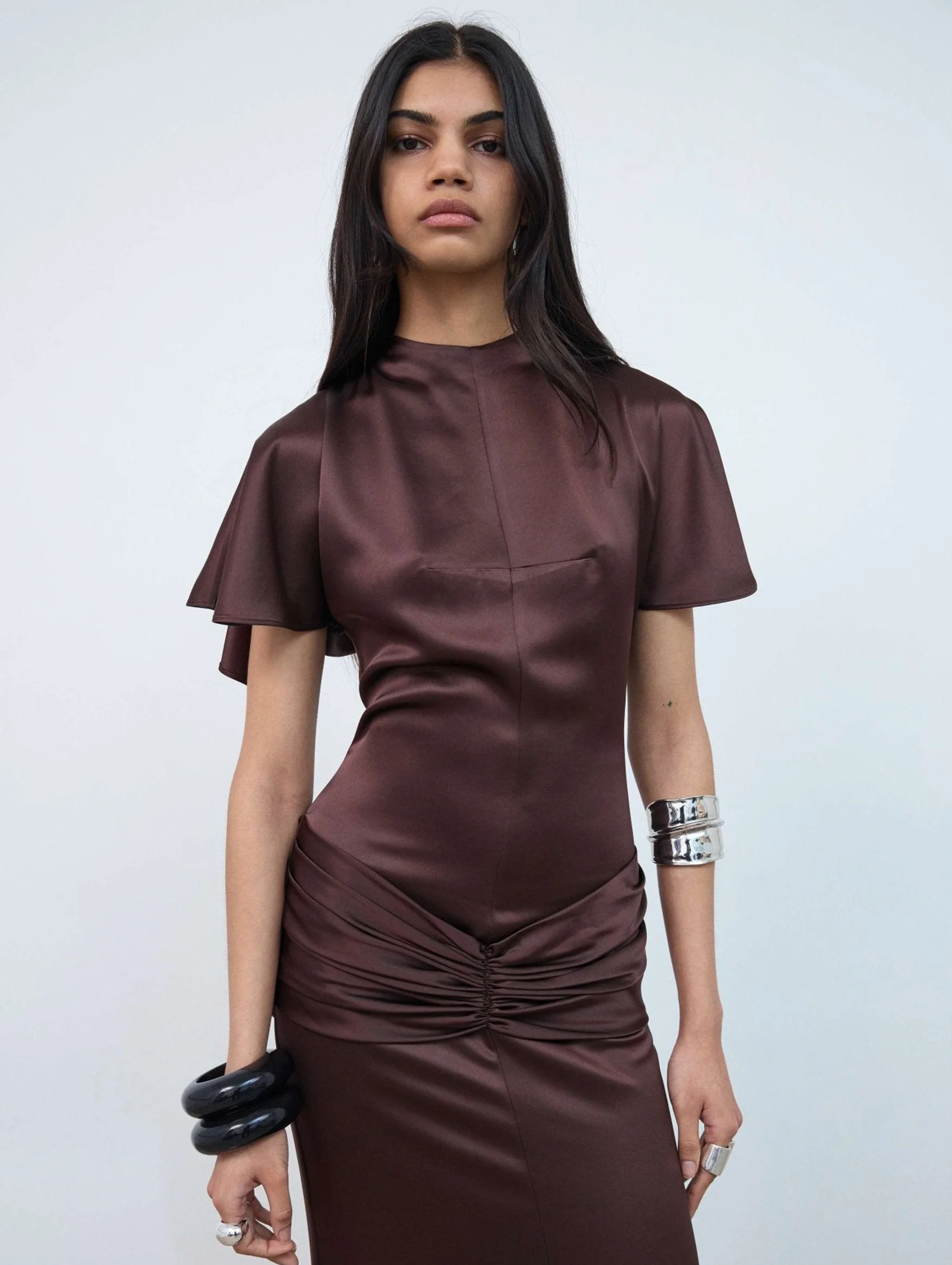 Myra Double Satin Maxi Dress In Brown - Image 3