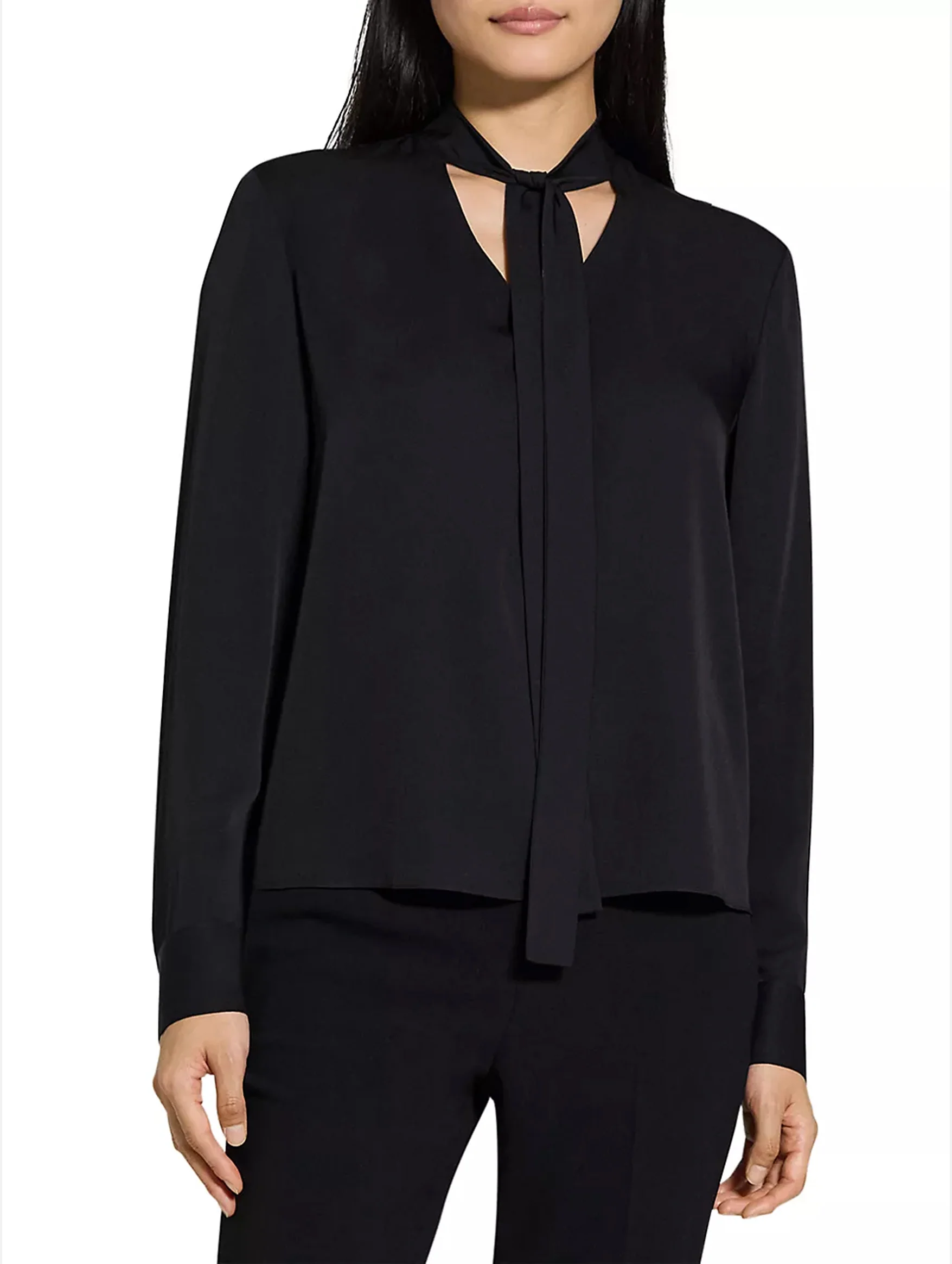 Open Tie Neck Silk  Blouse in Black - Image 3