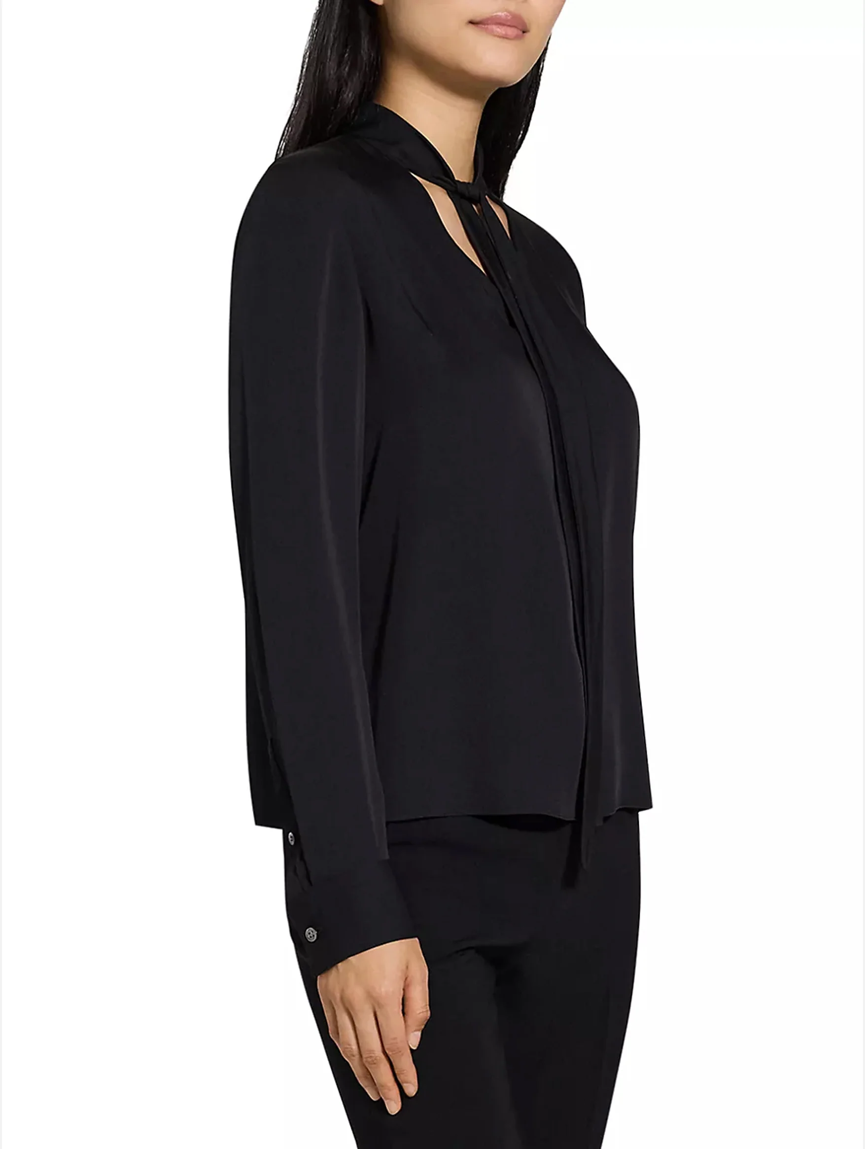 Open Tie Neck Silk  Blouse in Black - Image 4