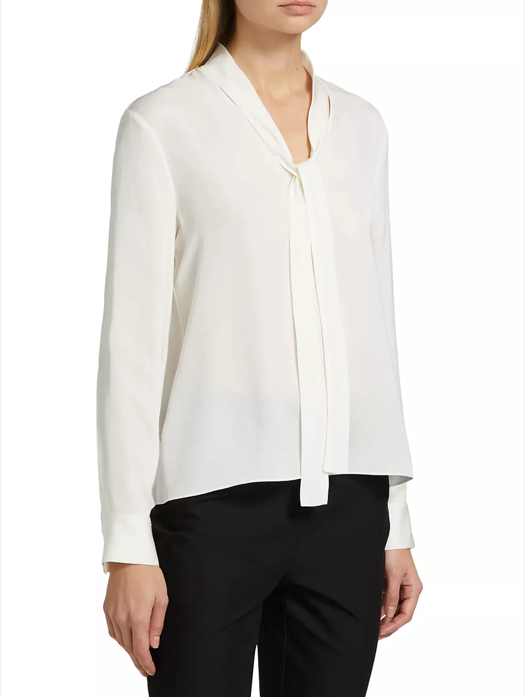 Open Tie Neck Silk  Blouse in Ivory - Image 4