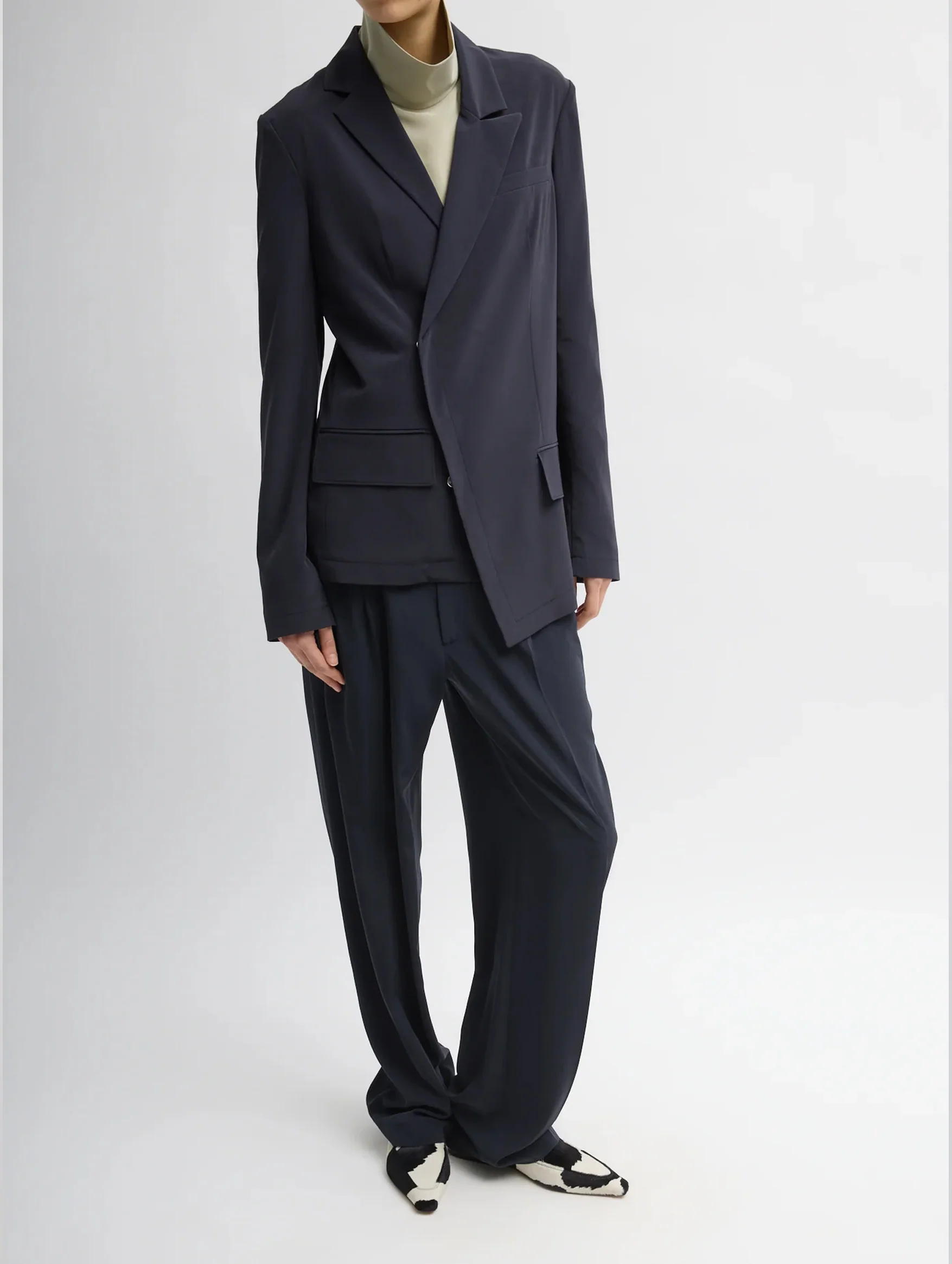 Relaxed Suiting Asymmetrical Wrap Blazer in Navy - Image 3