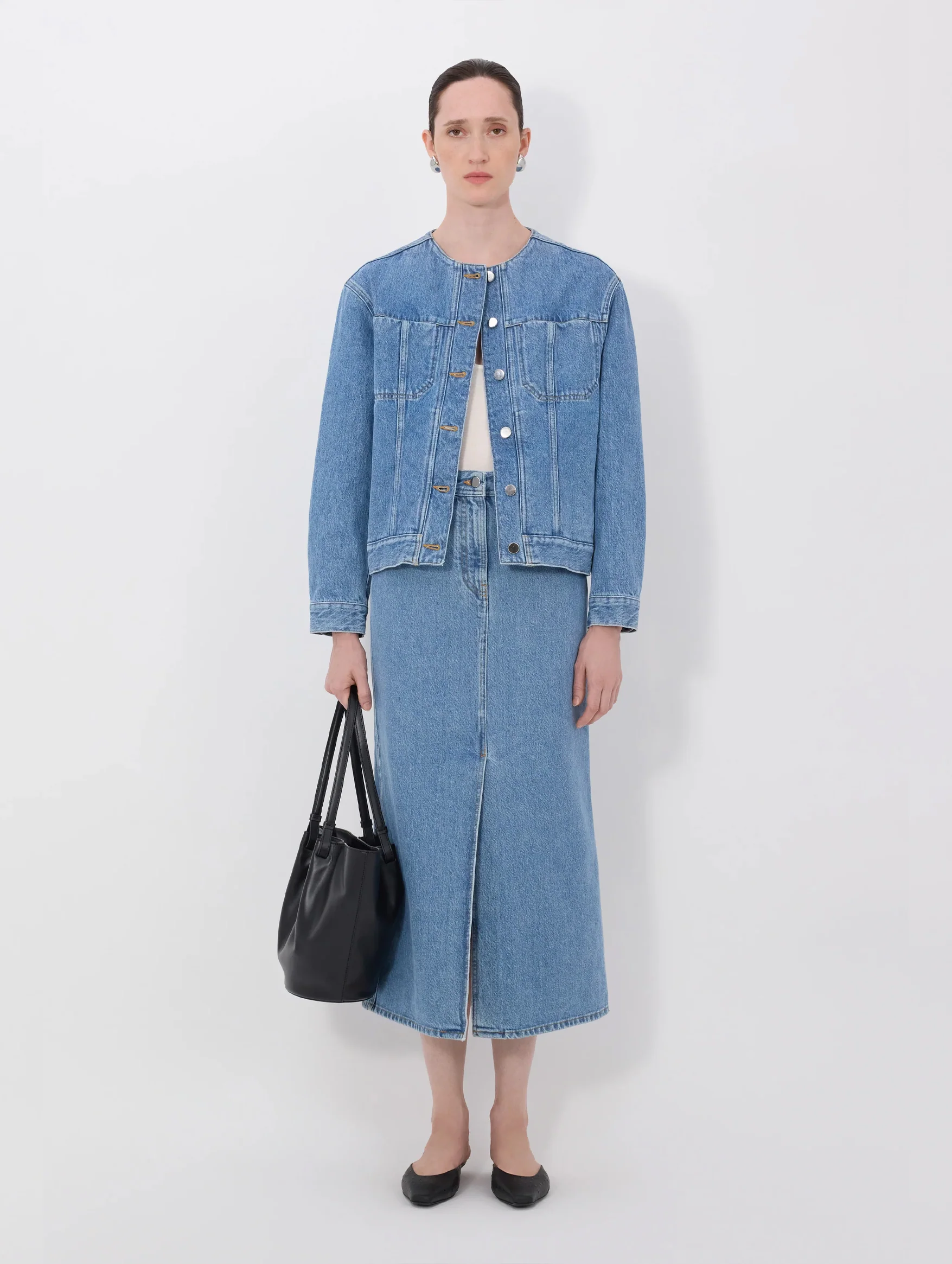 Rima Collarless Denim Jacket in Washed Light Blue - Image 2