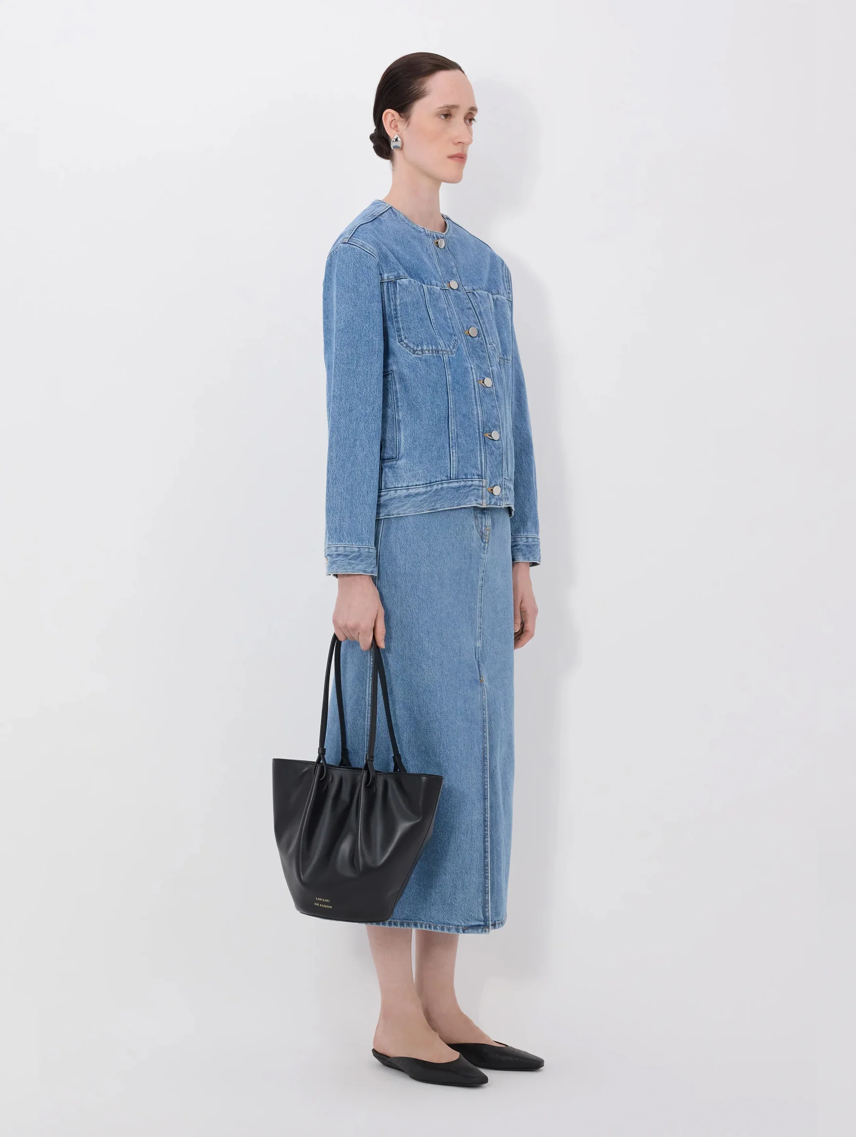 Rima Collarless Denim Jacket in Washed Light Blue - Image 3