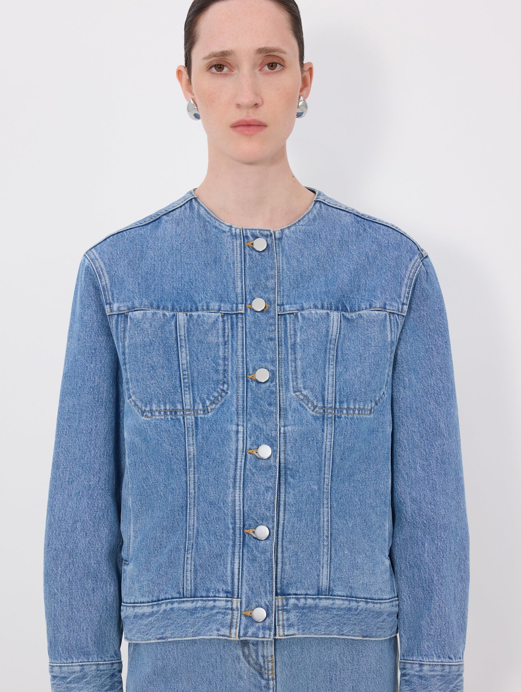 Rima Collarless Denim Jacket in Washed Light Blue - Image 4