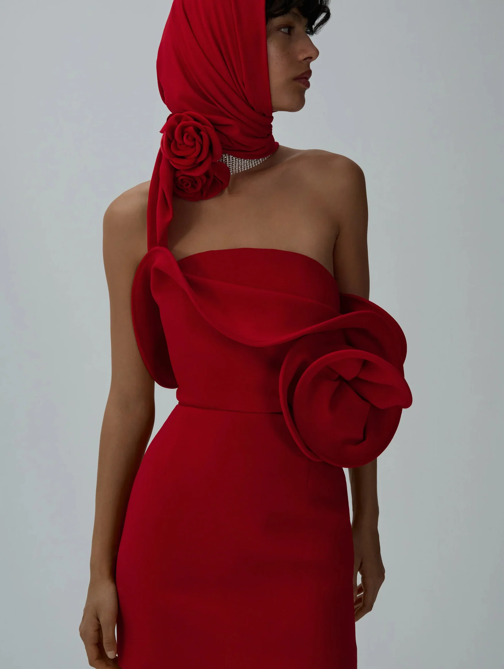 Sculptural Rose Mini Dress in Red - Image 2