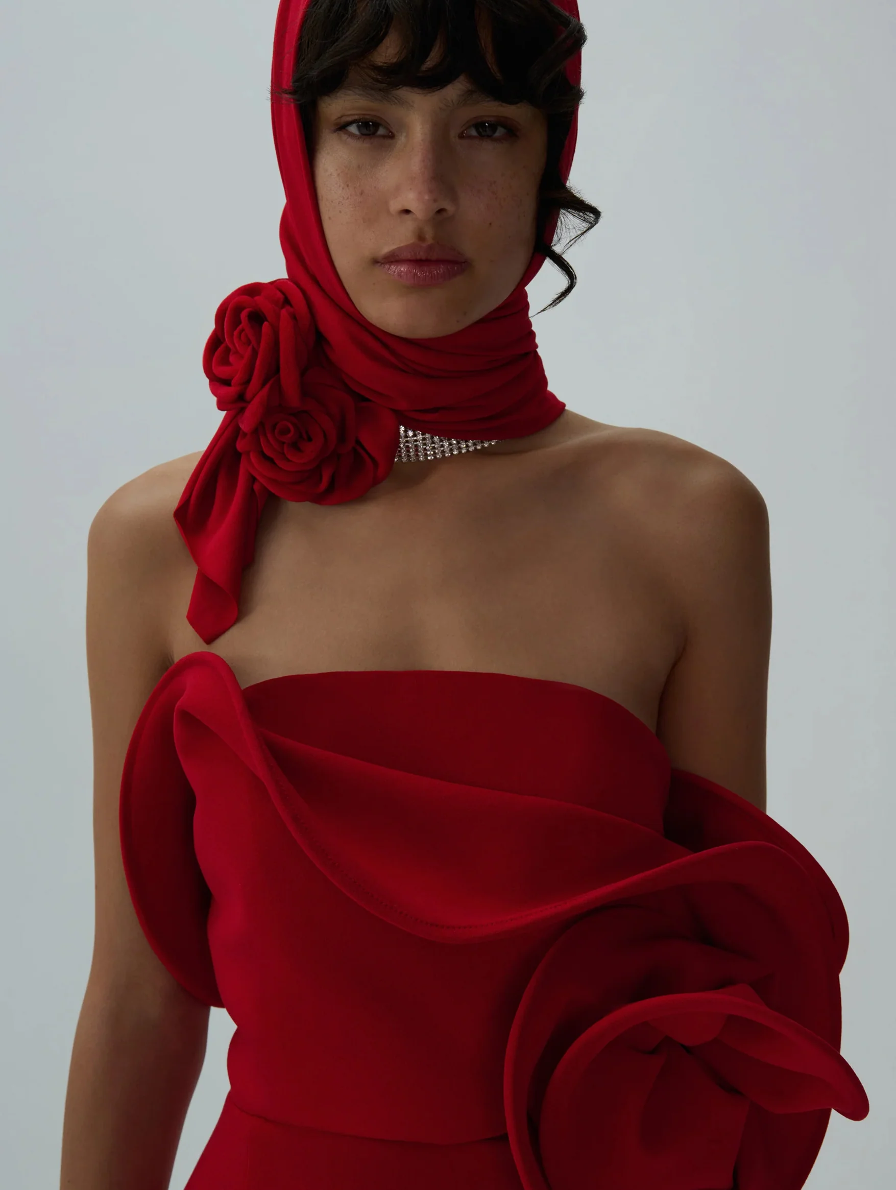 Sculptural Rose Mini Dress in Red - Image 3