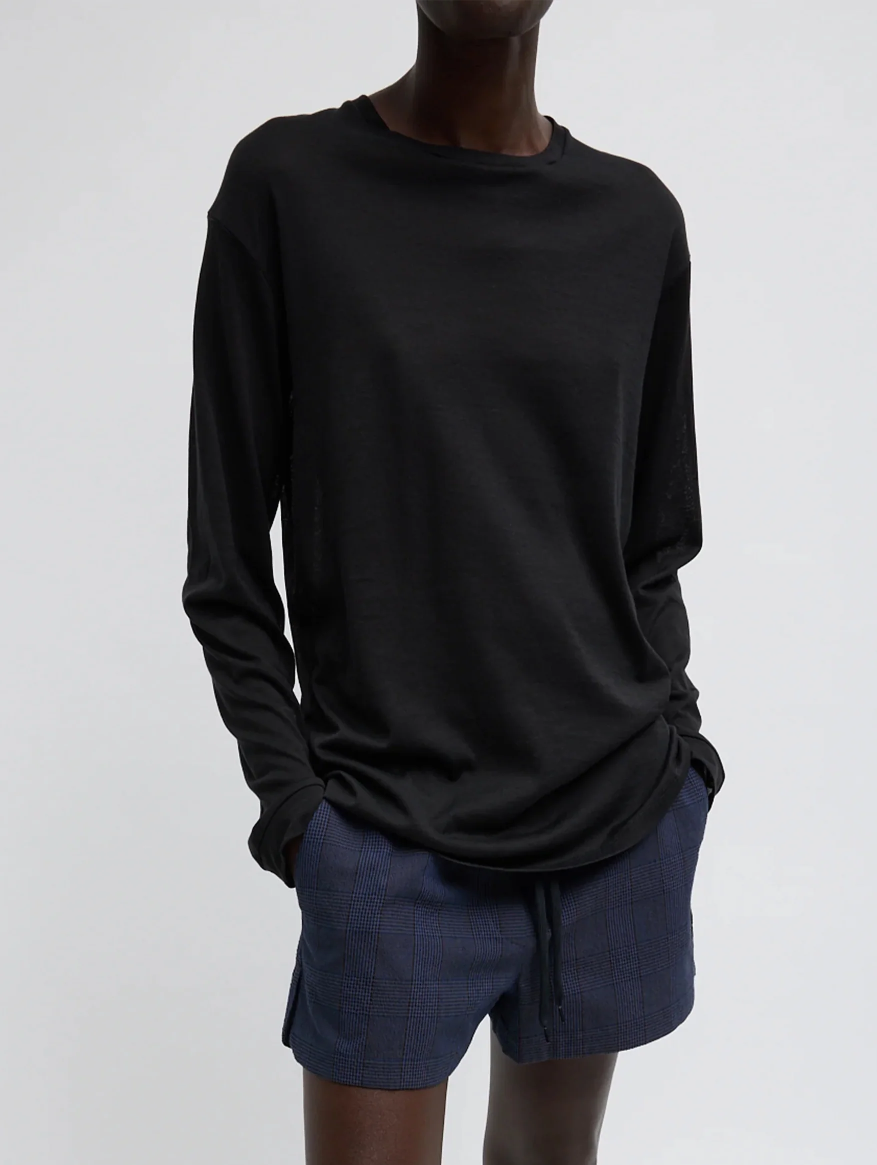 Sheer Crepe Knit Crewneck Unisex Long Sleeve T in Black