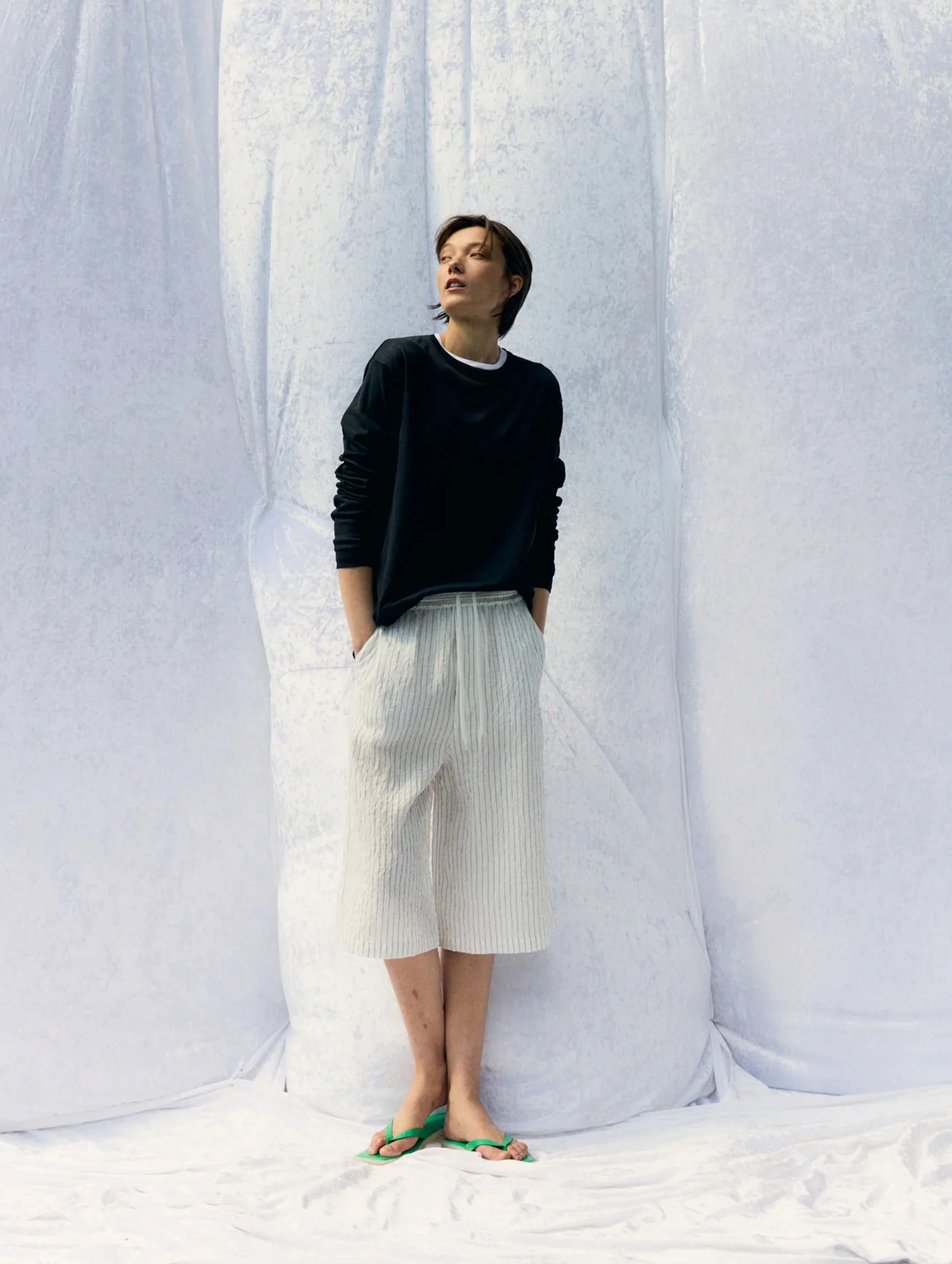 Sheer Crepe Knit Crewneck Unisex Long Sleeve T in Black - Image 5