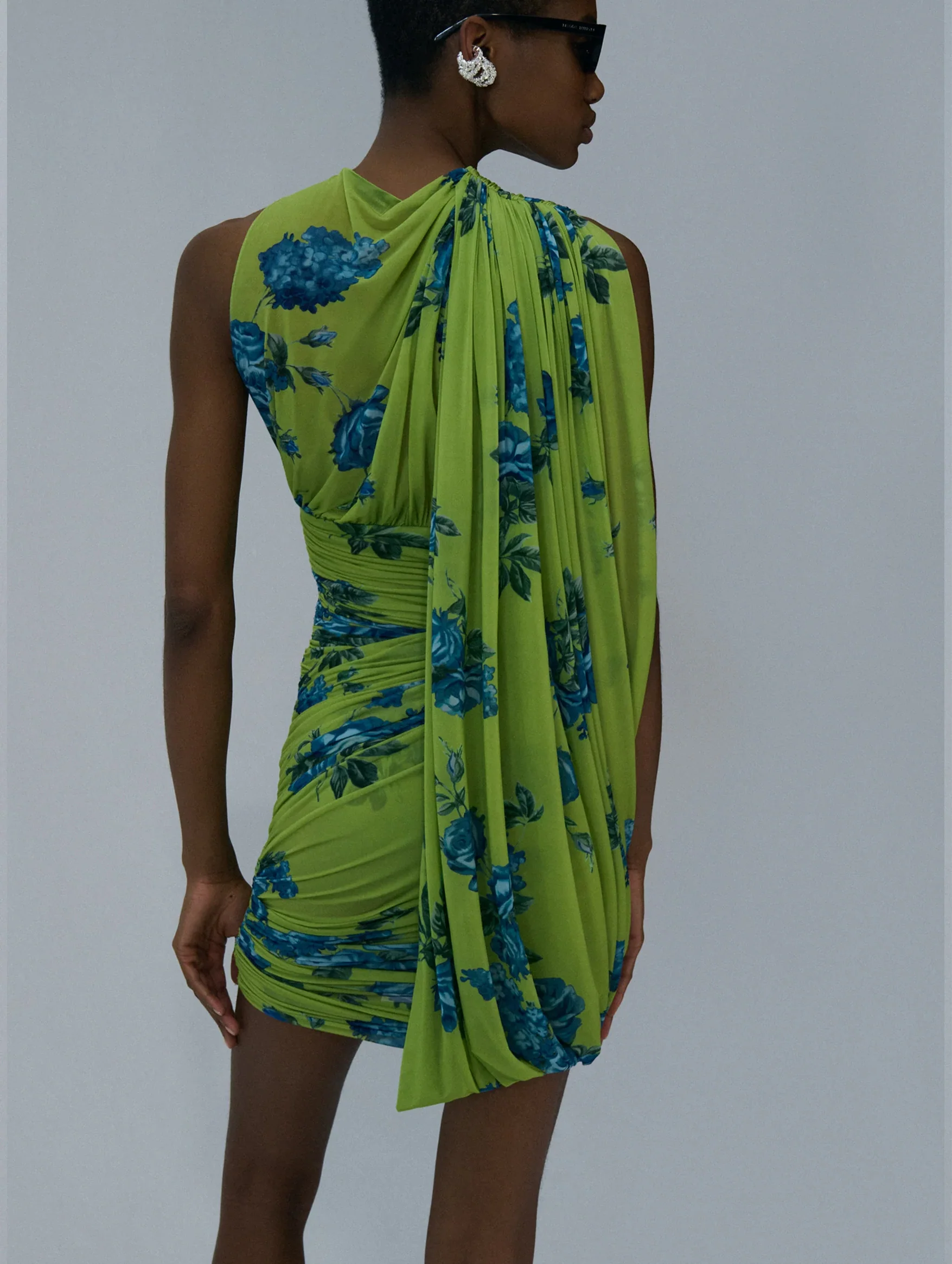 Sheer Draped Mini Dress in Green Print - Image 3