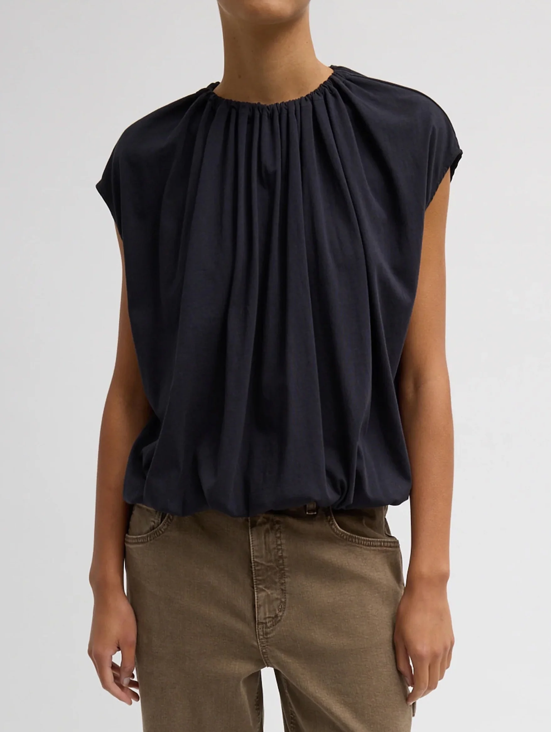 Shirred Neck Circular T-Shirt in Dark Navy