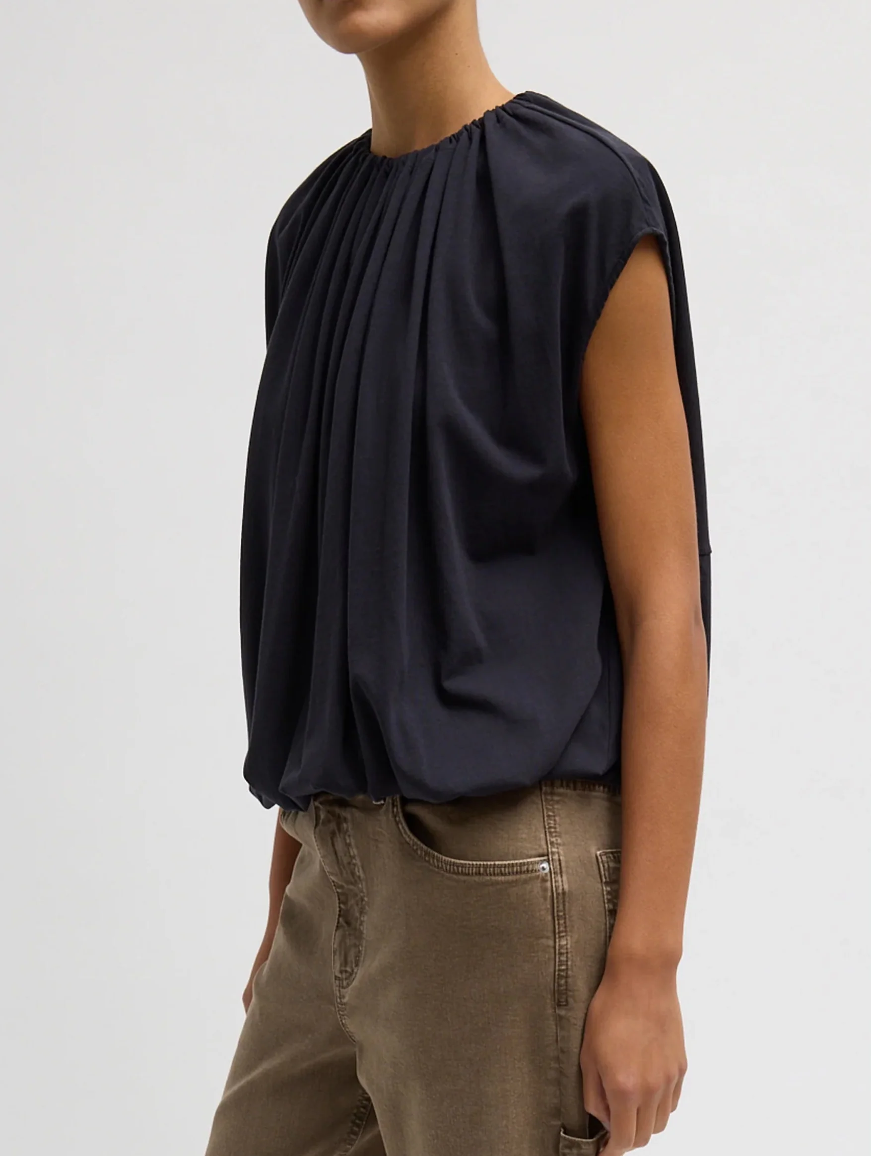 Shirred Neck Circular T-Shirt in Dark Navy - Image 2