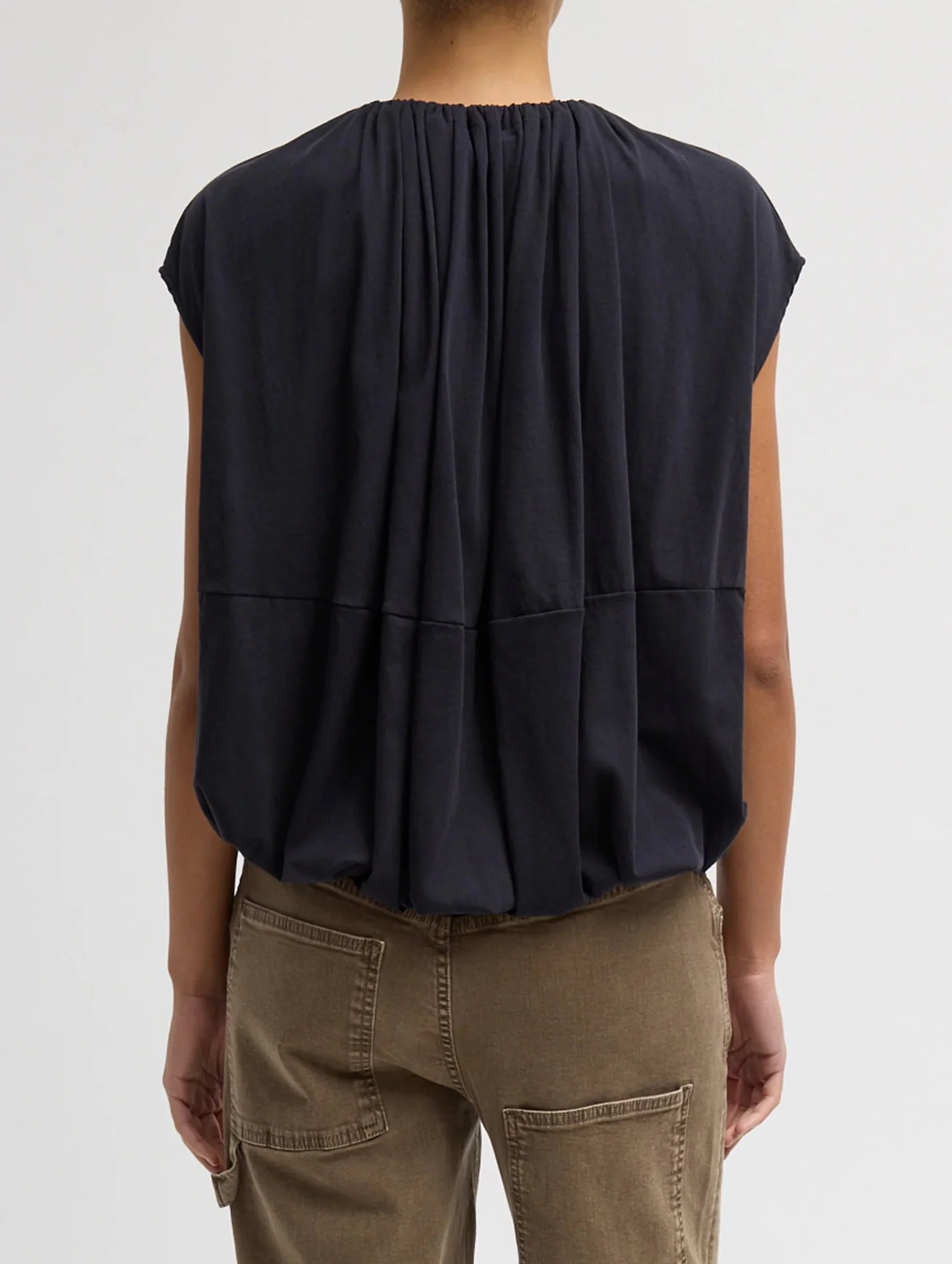 Shirred Neck Circular T-Shirt in Dark Navy - Image 3