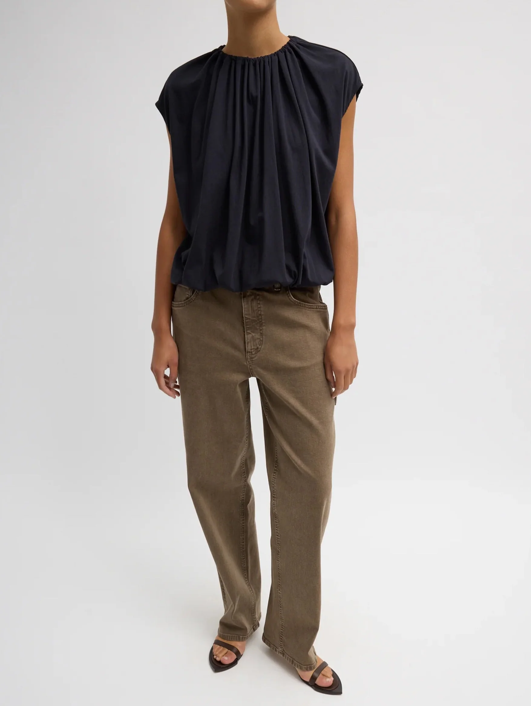 Shirred Neck Circular T-Shirt in Dark Navy - Image 4
