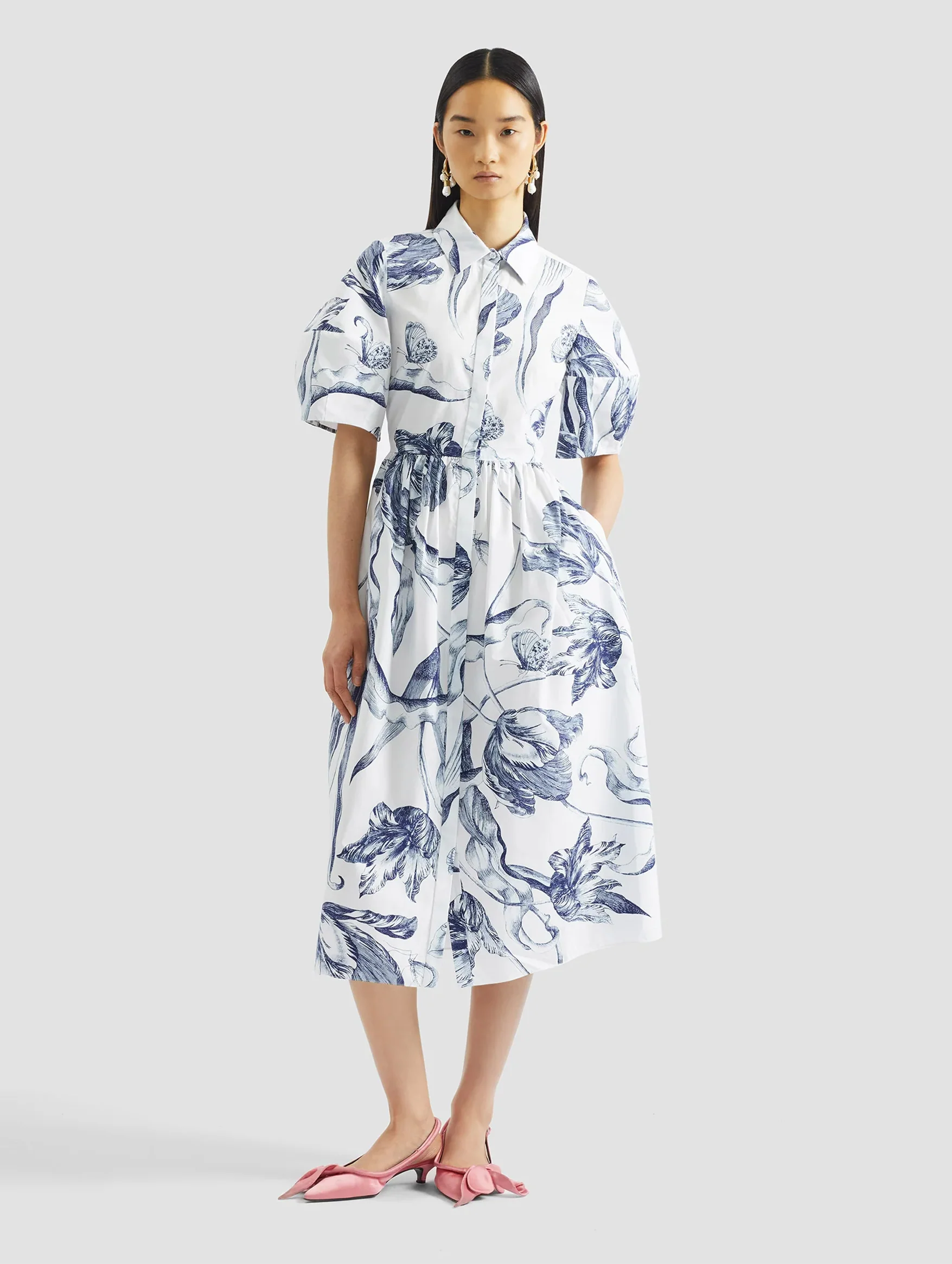 Short Sleeve Midi Shirt Dress in Botanical Engraving Ivory - Image 3