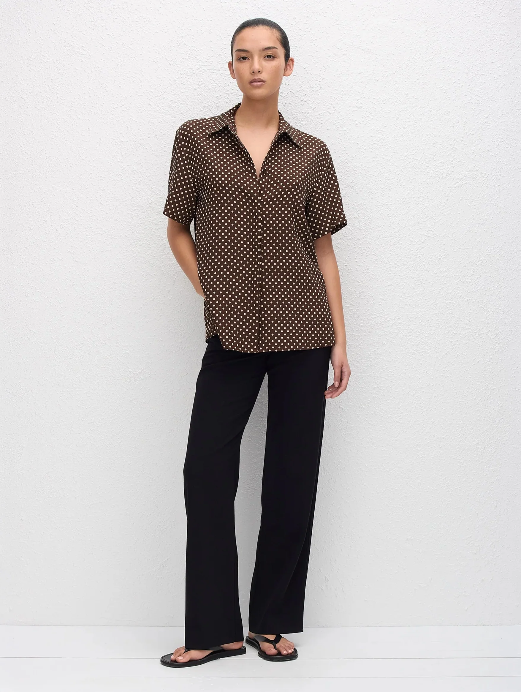 Short Sleeve Silk Shirt in Polka Dot Chocolate - Image 2