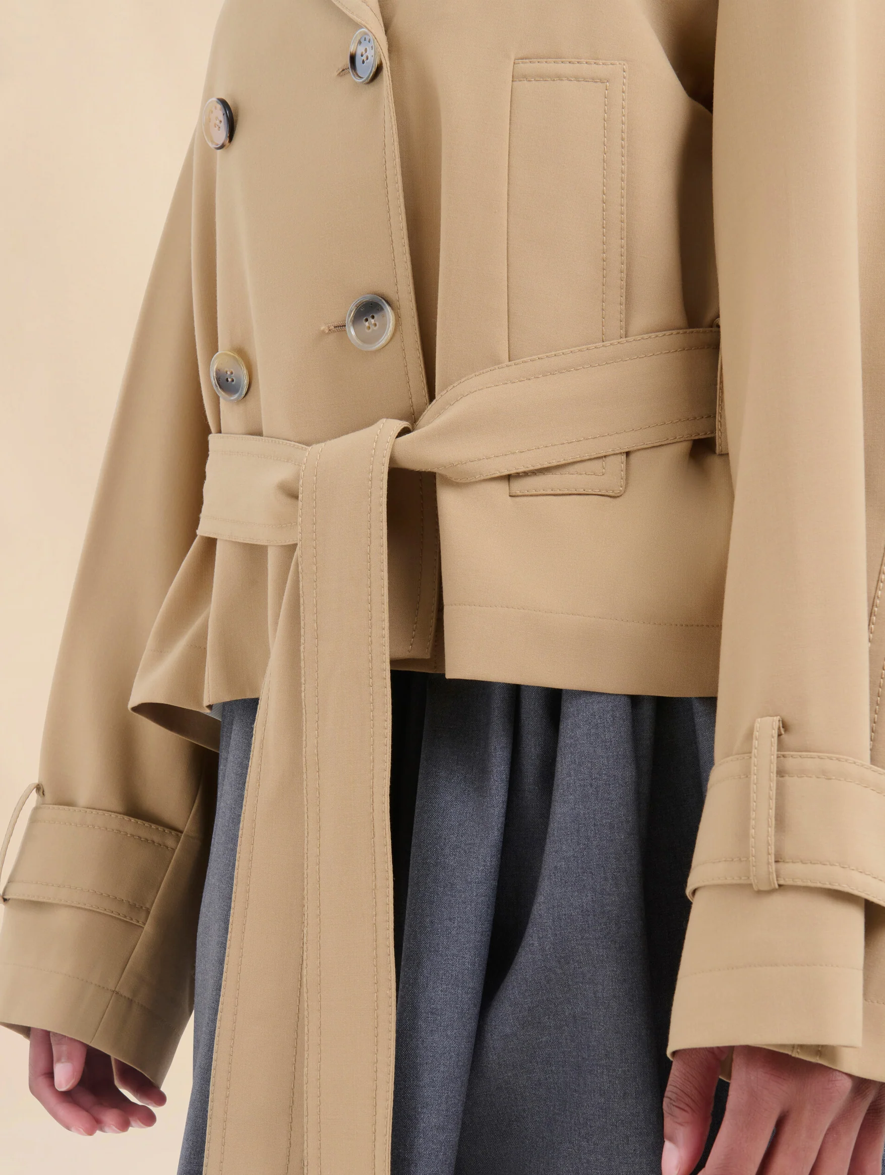 Short Wool Blend Trench in Winter Wheat - Image 5