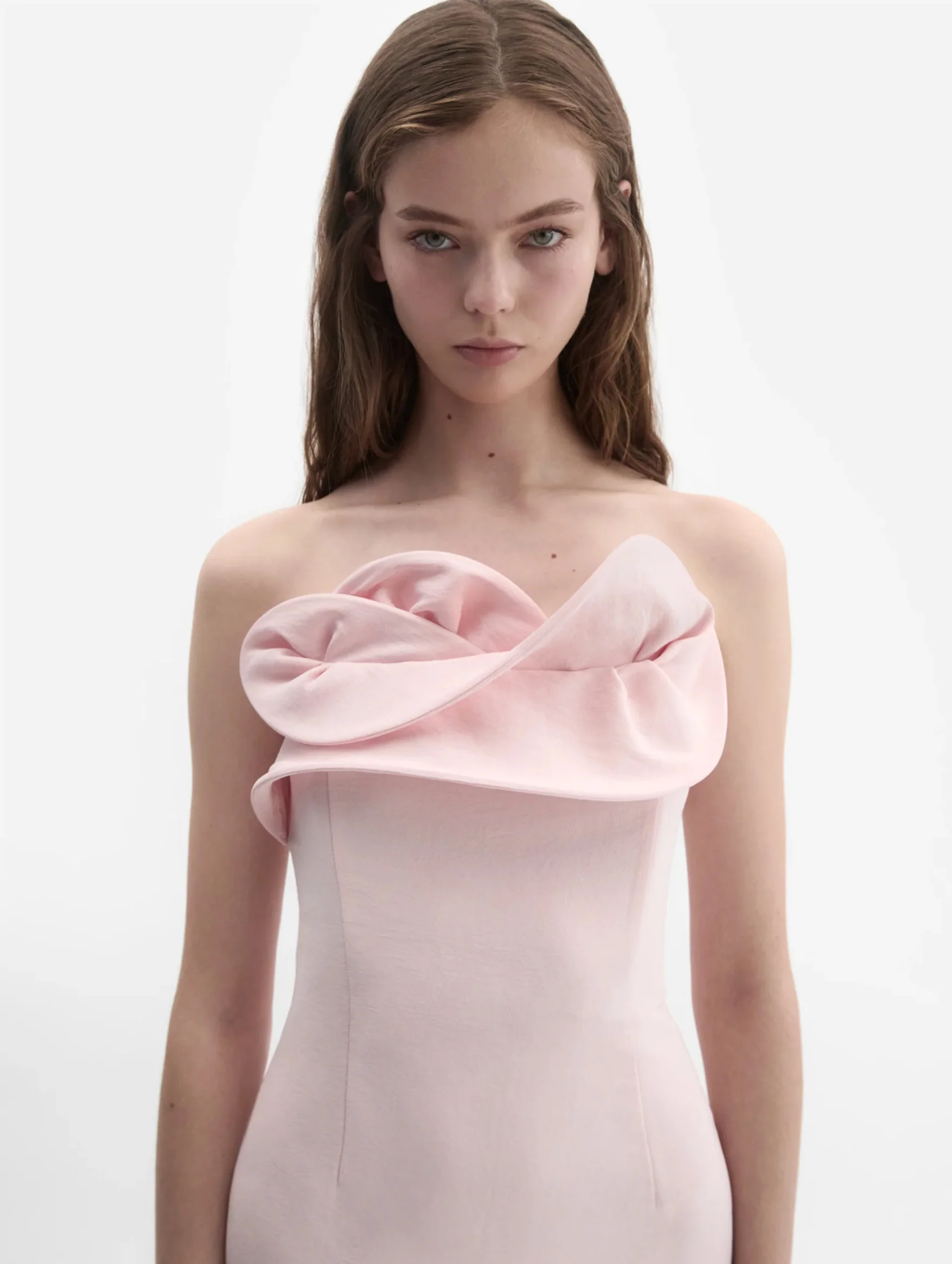 Silk Corset Dress With Sculptural Neckline in Blush Pink - Image 3