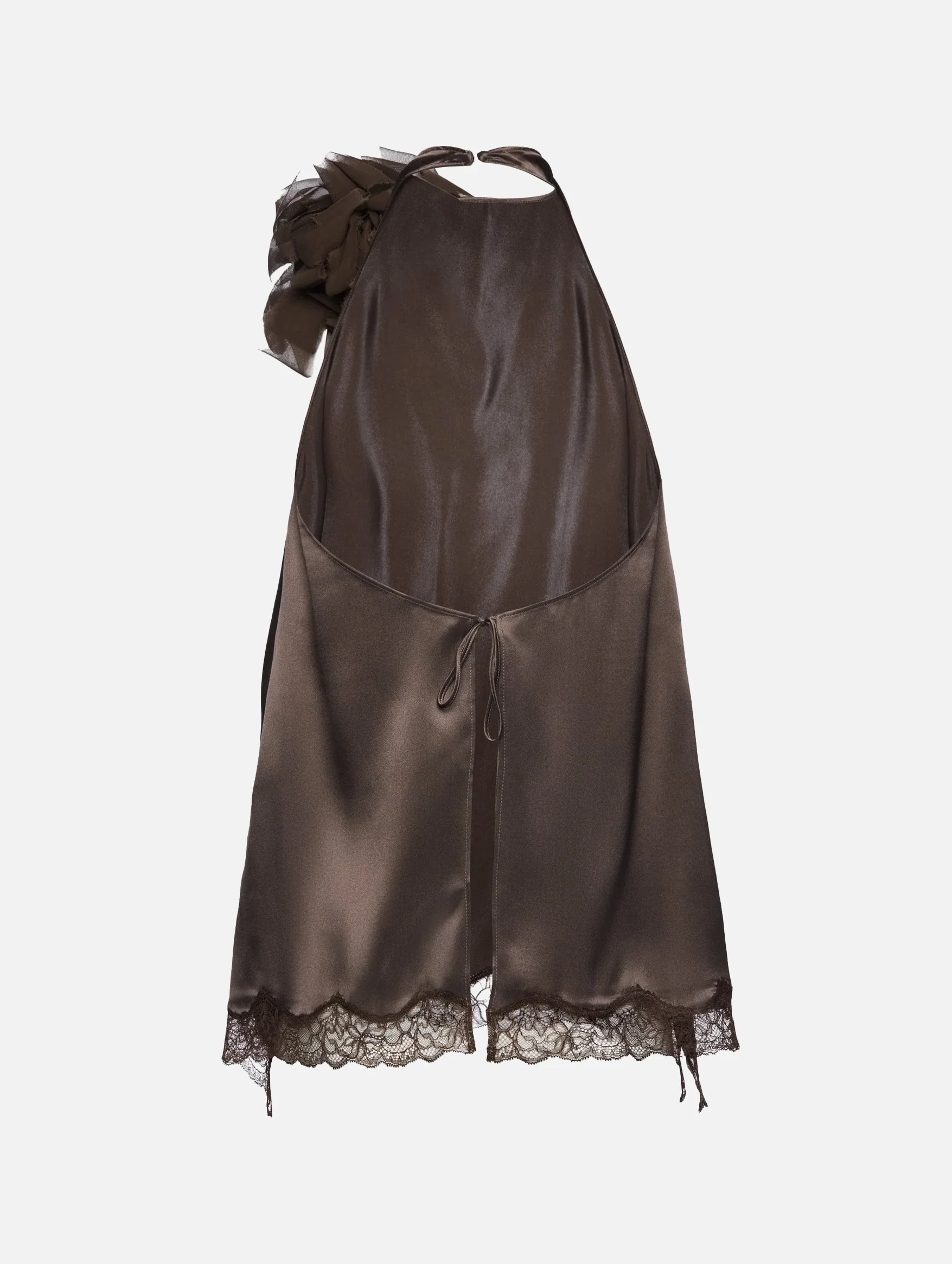 Silk Open Back Lace Trim Blouse in Brown - Image 2