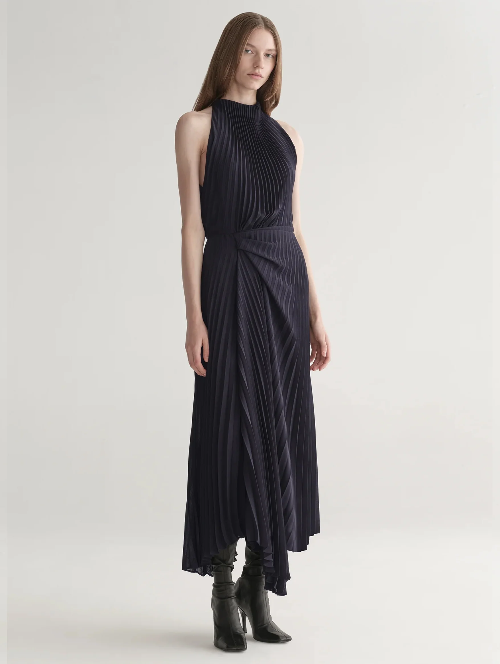 Simona Pleated Dress in Deep Navy - Image 4