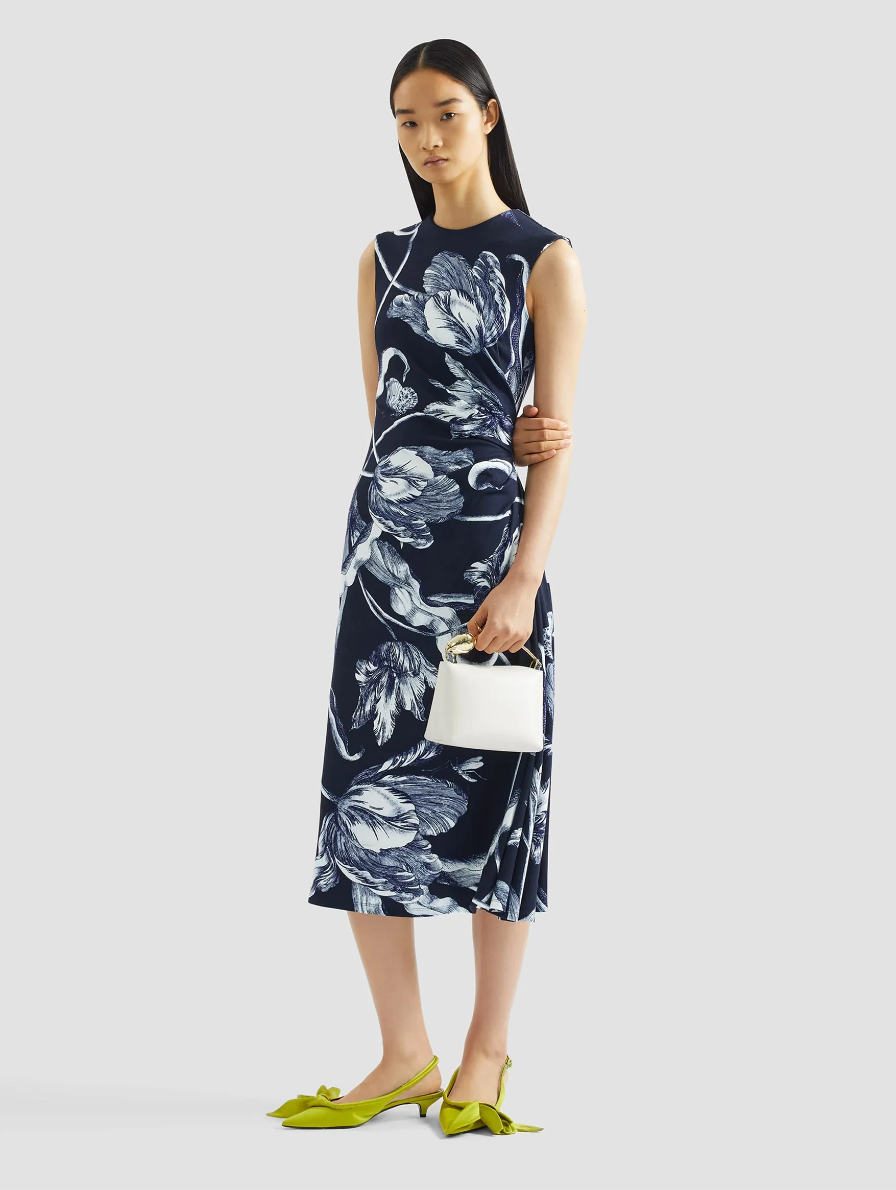 Sleeveless Draped Midi Dress in Botanical Engraving Midnight - Image 3