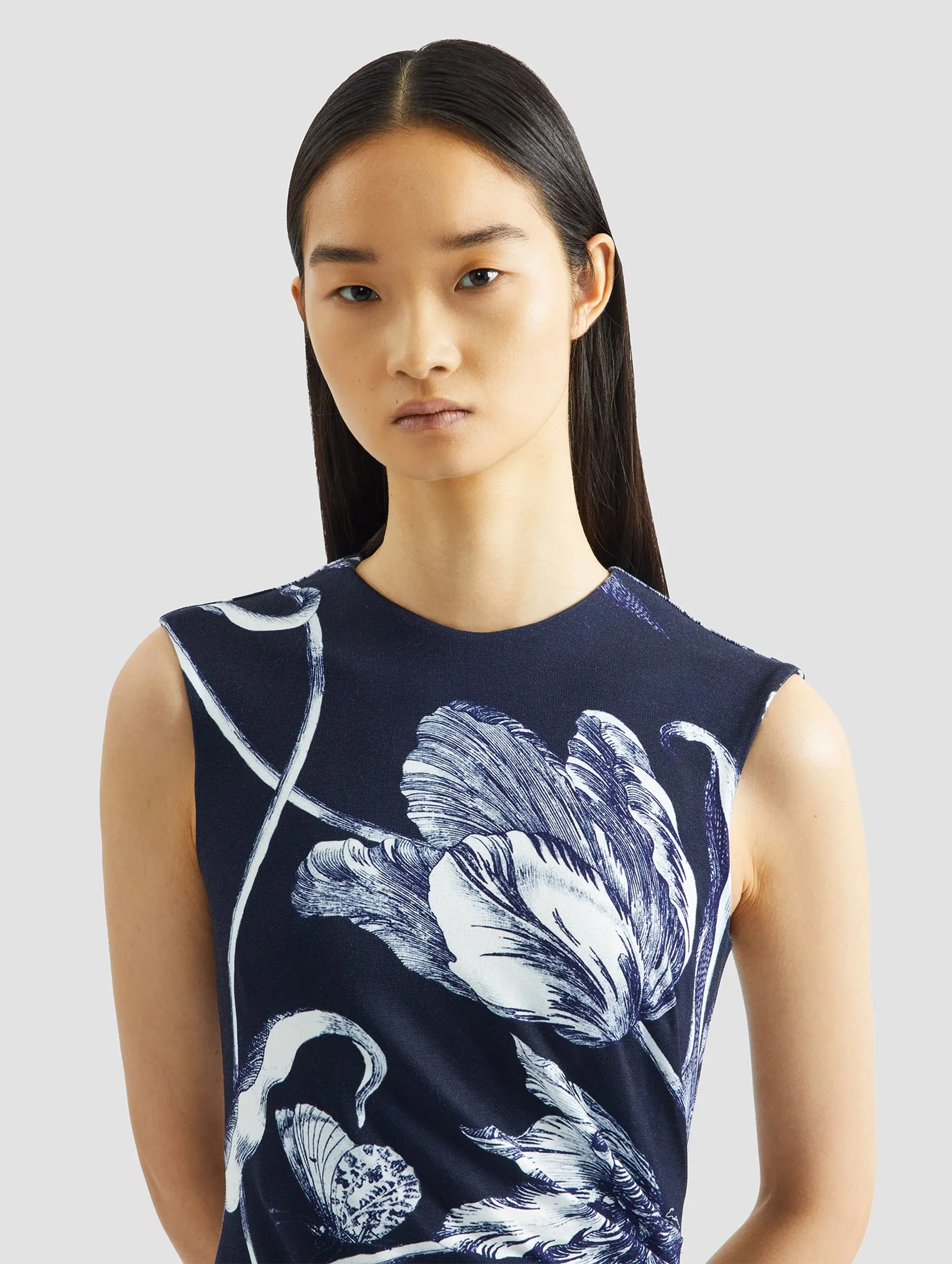 Sleeveless Draped Midi Dress in Botanical Engraving Midnight - Image 4