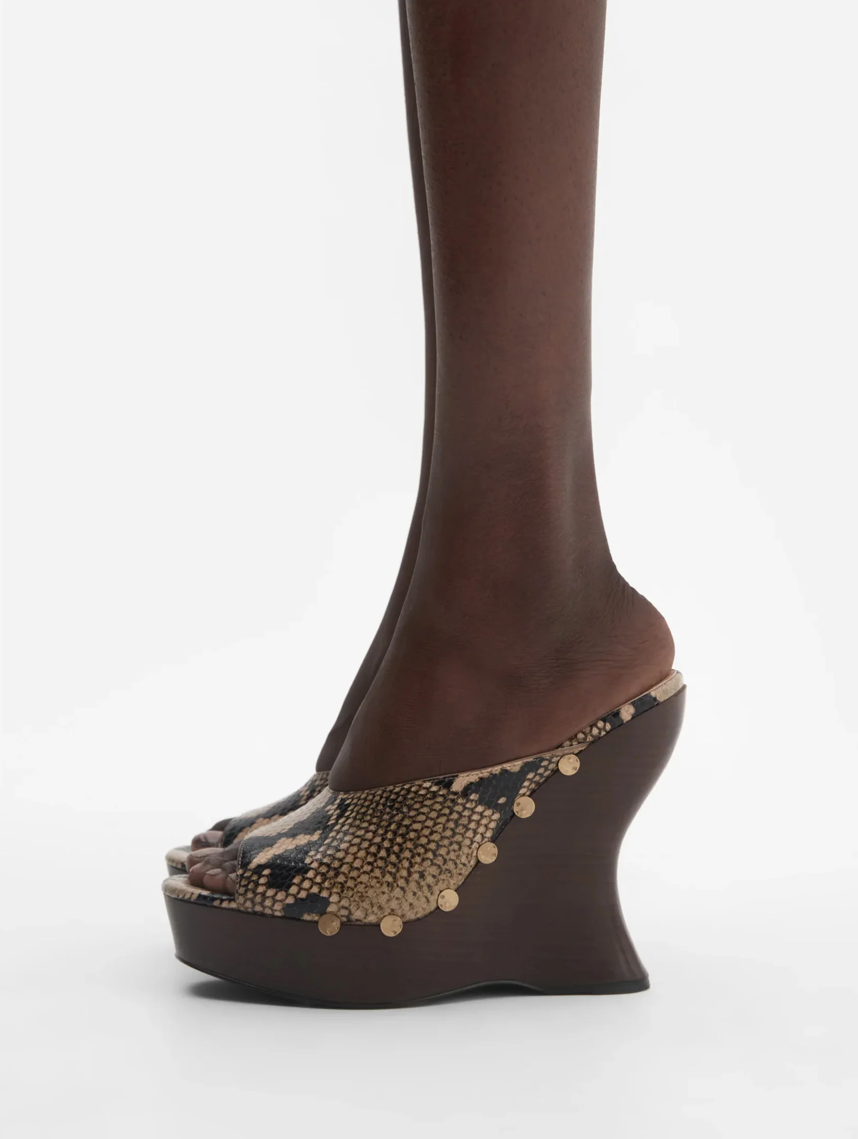 Snake-embossed Wedge Mules in Brown - Image 3