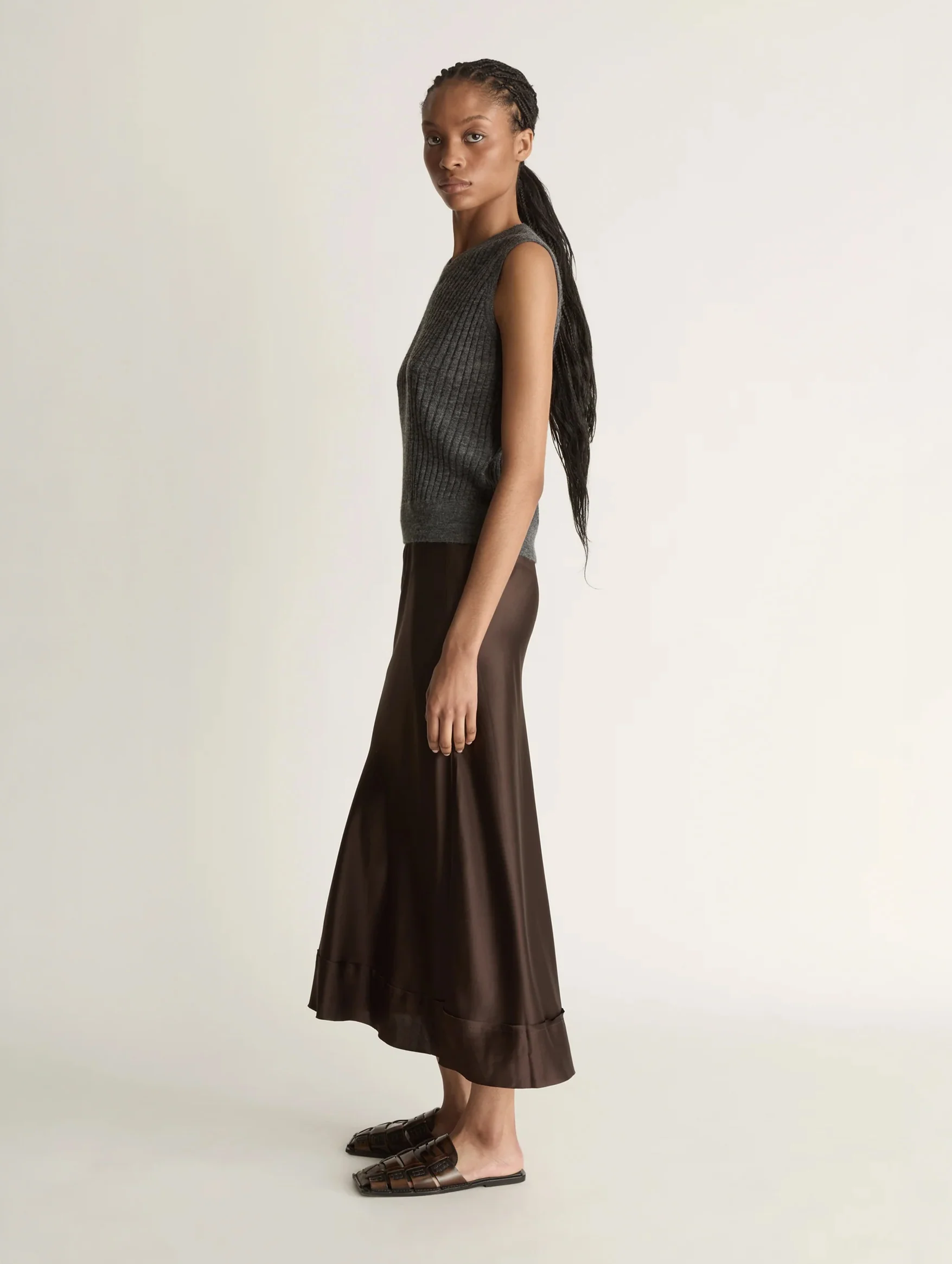 Stella Silk Satin Skirt in Chocolate - Image 3