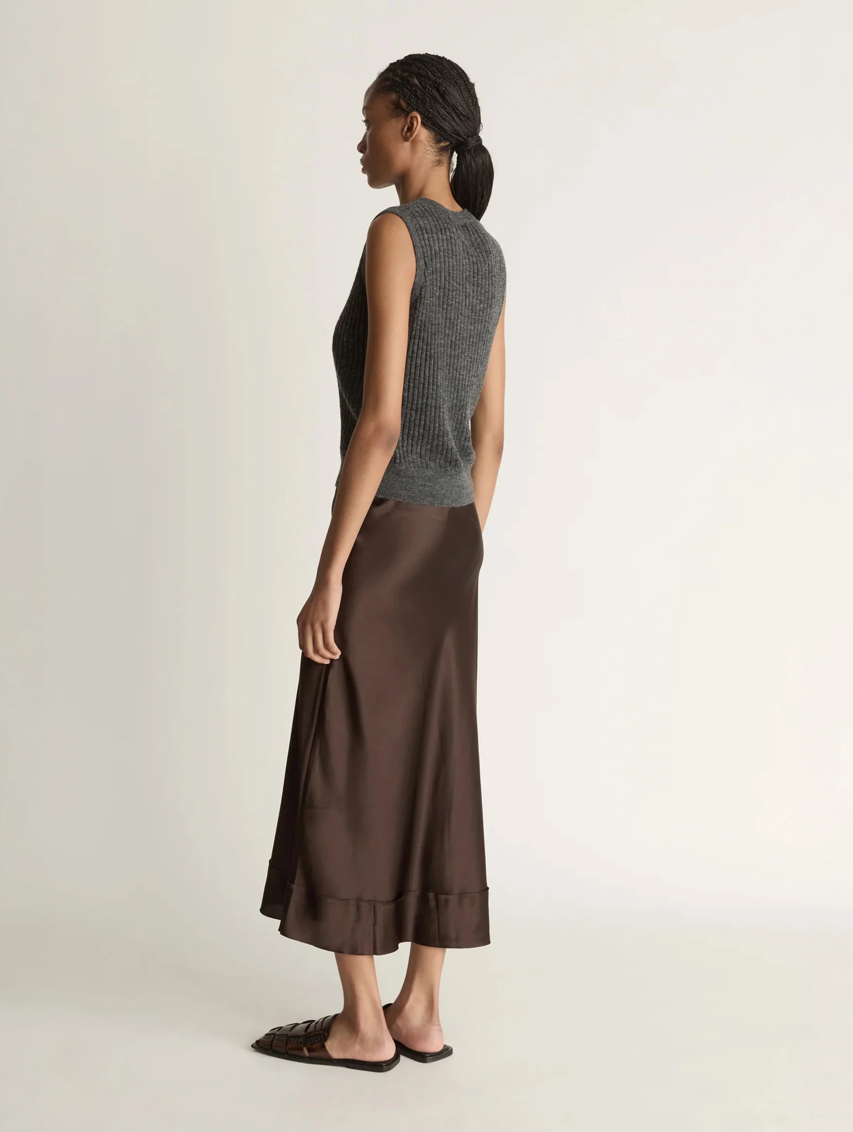 Stella Silk Satin Skirt in Chocolate - Image 4