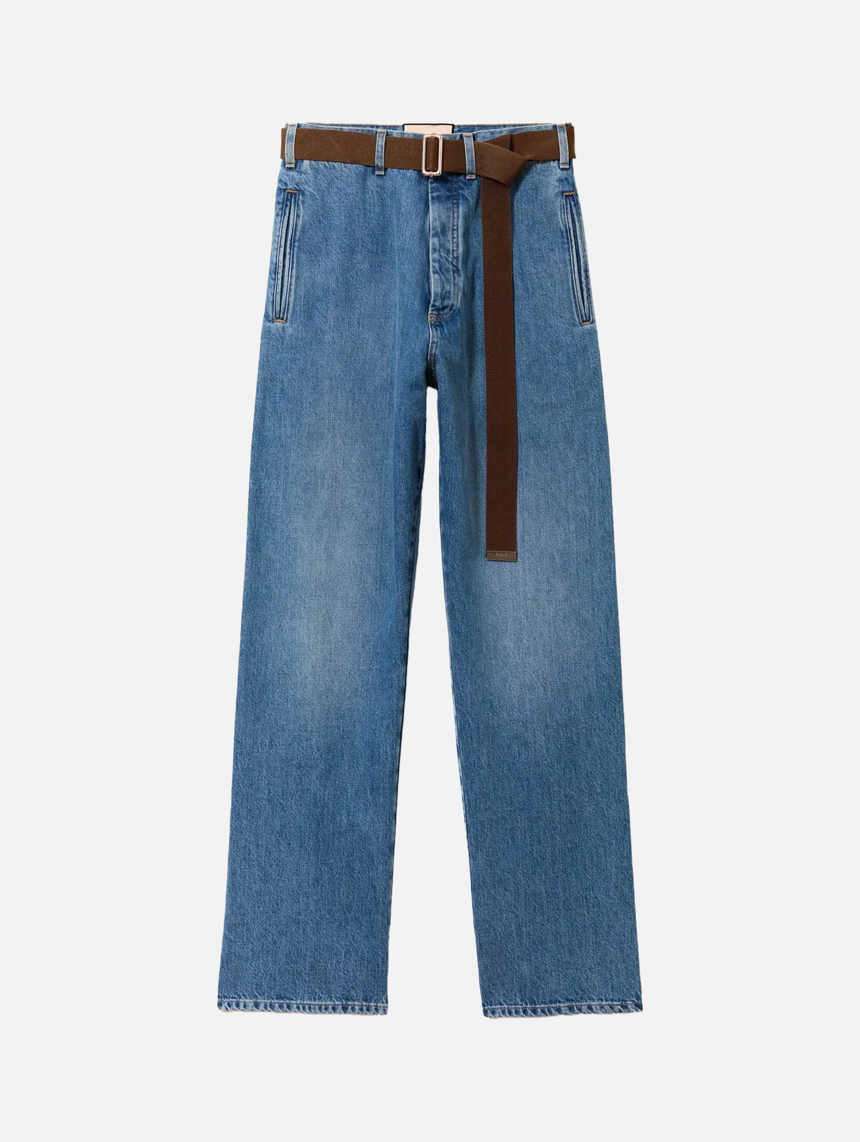 Straight Leg Belted Jeans in Blue Denim