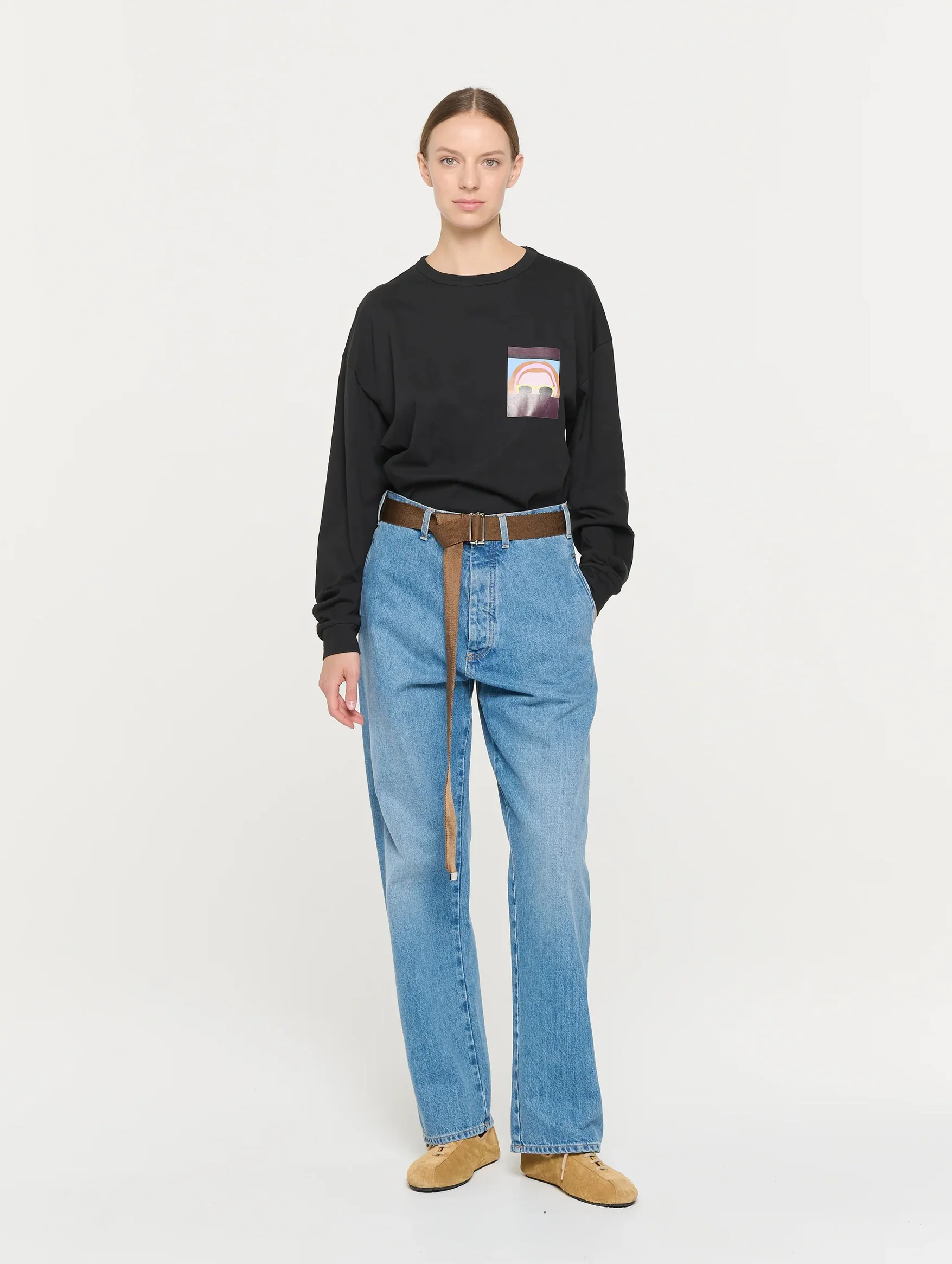 Straight Leg Belted Jeans in Blue Denim - Image 2