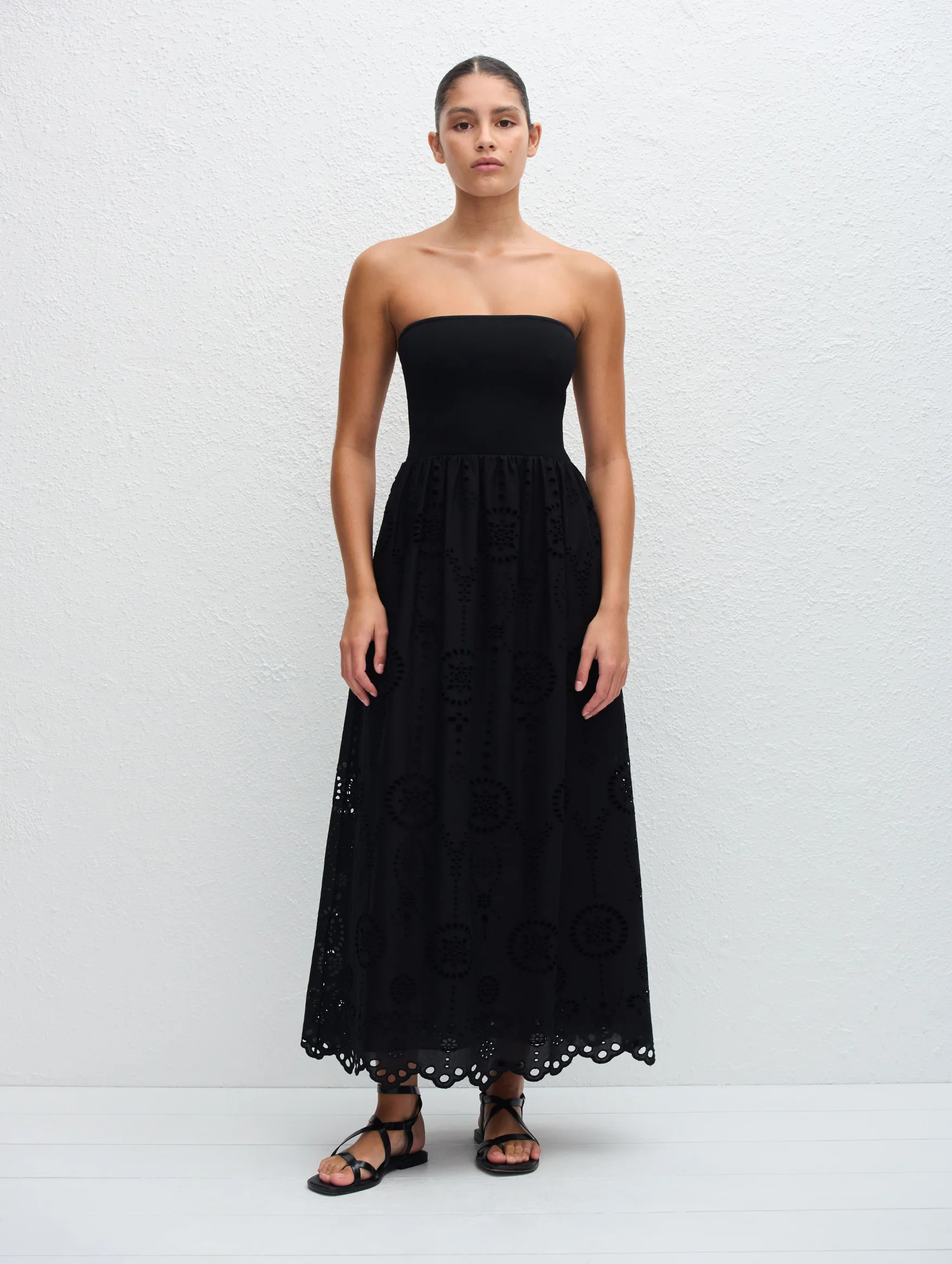 Strapless Knit and Broderie Dress in Black - Image 2