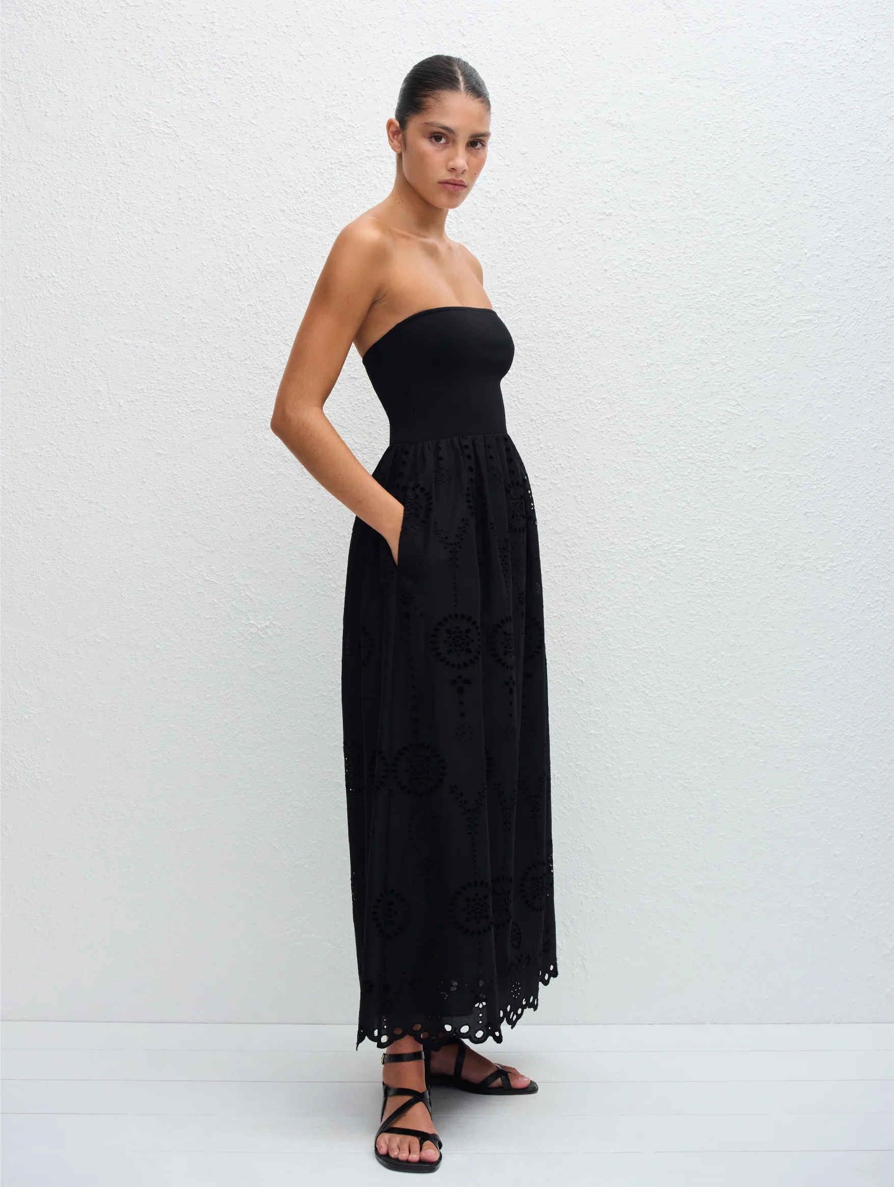 Strapless Knit and Broderie Dress in Black - Image 4