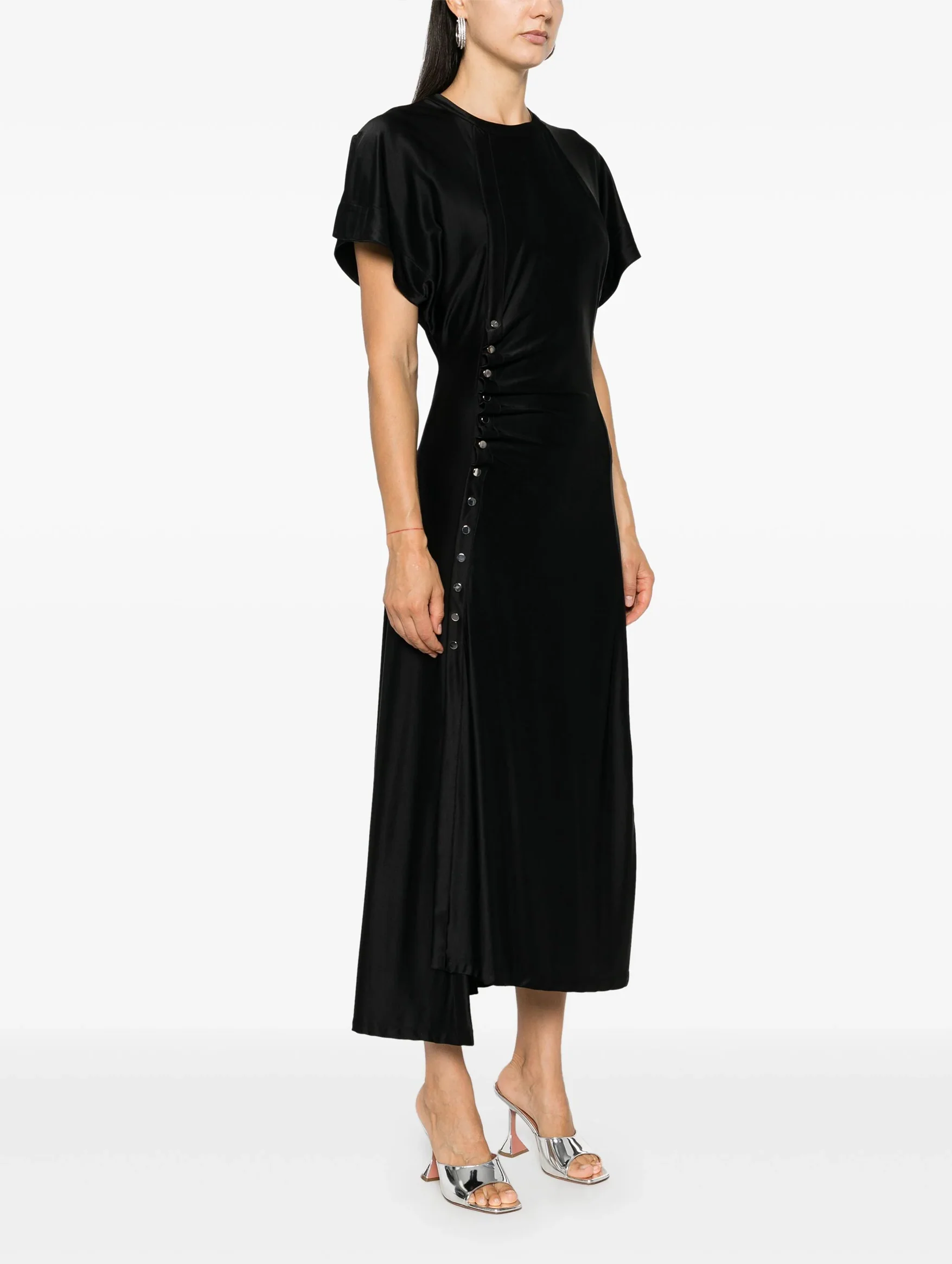 Stretch Asymmetric Satin Dress in Black - Image 3