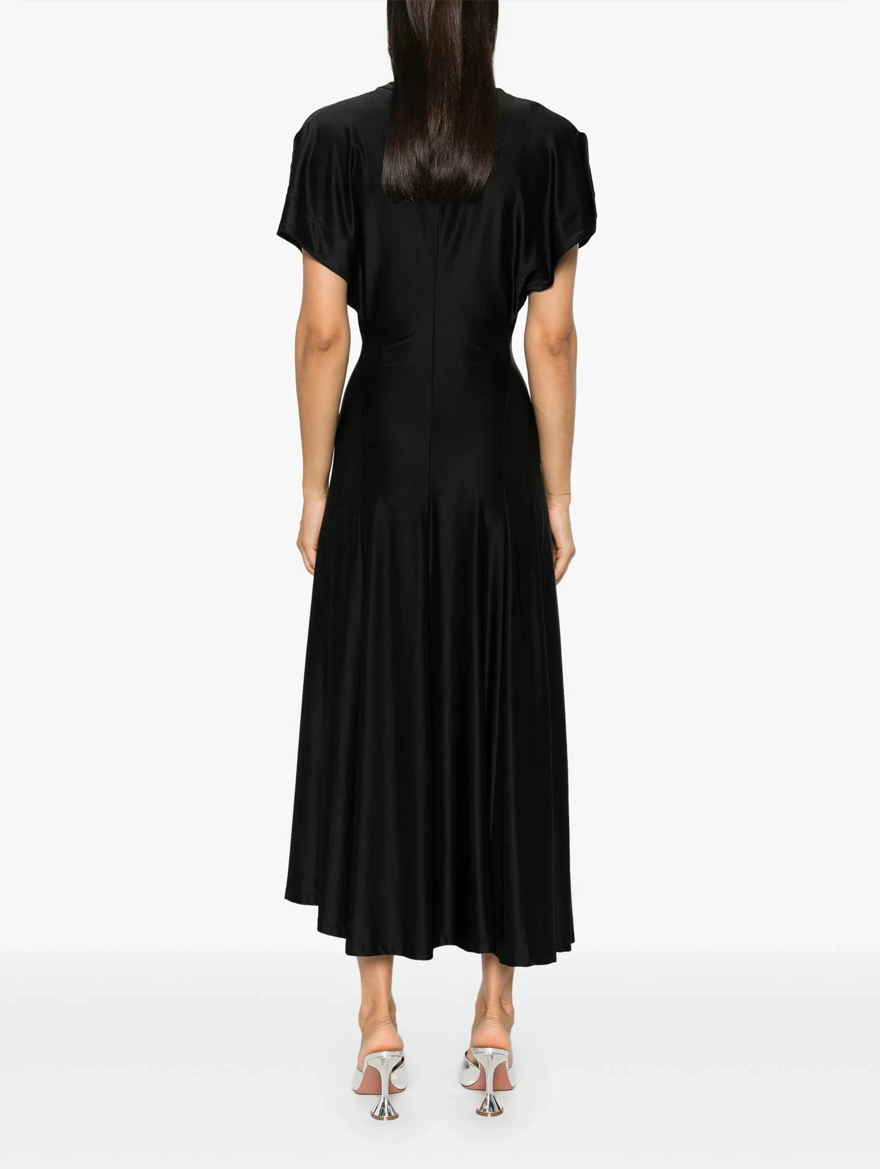 Stretch Asymmetric Satin Dress in Black - Image 5