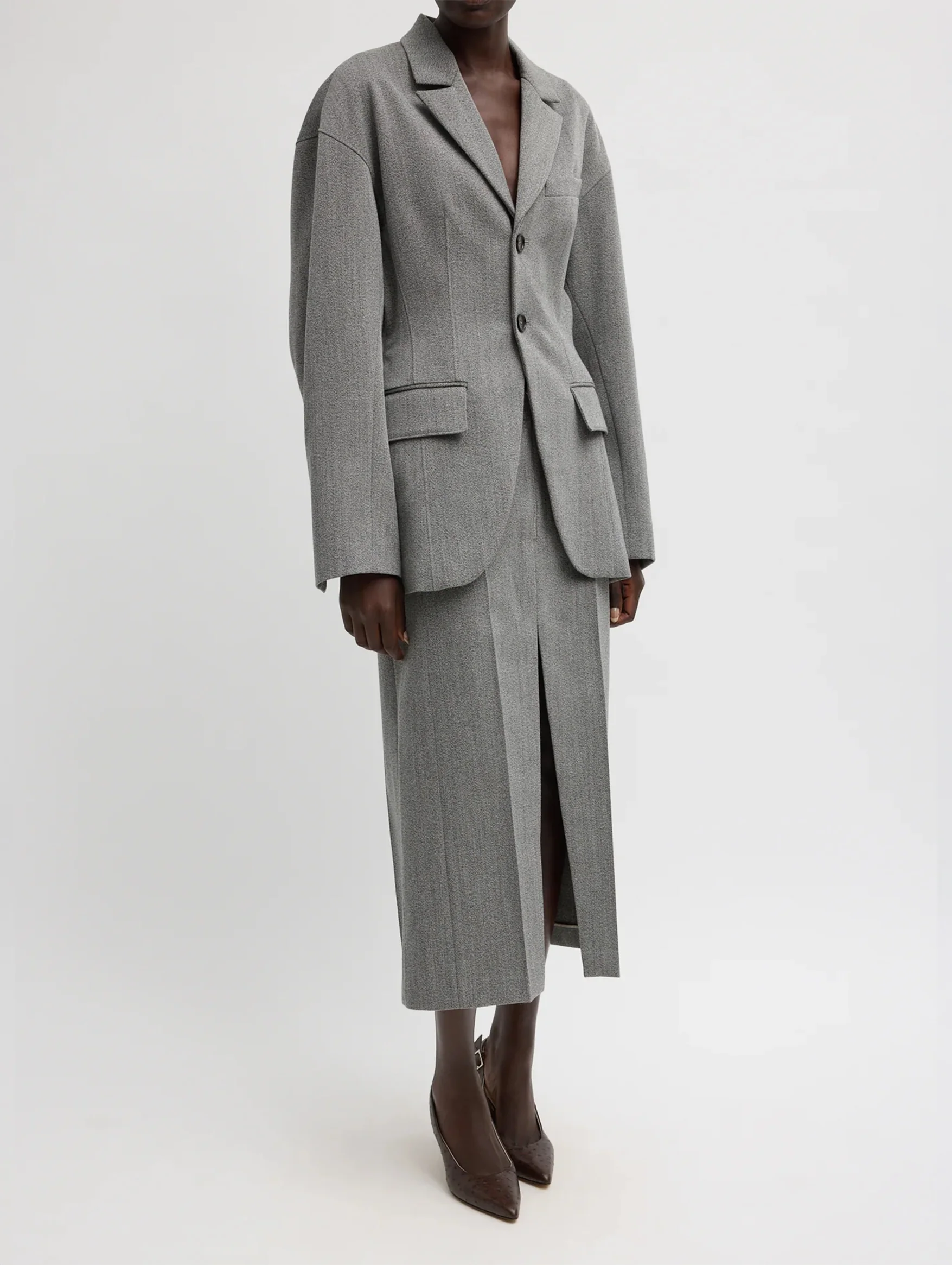 Structured Wool Sculpted Blazer in Grey Multi - Image 3