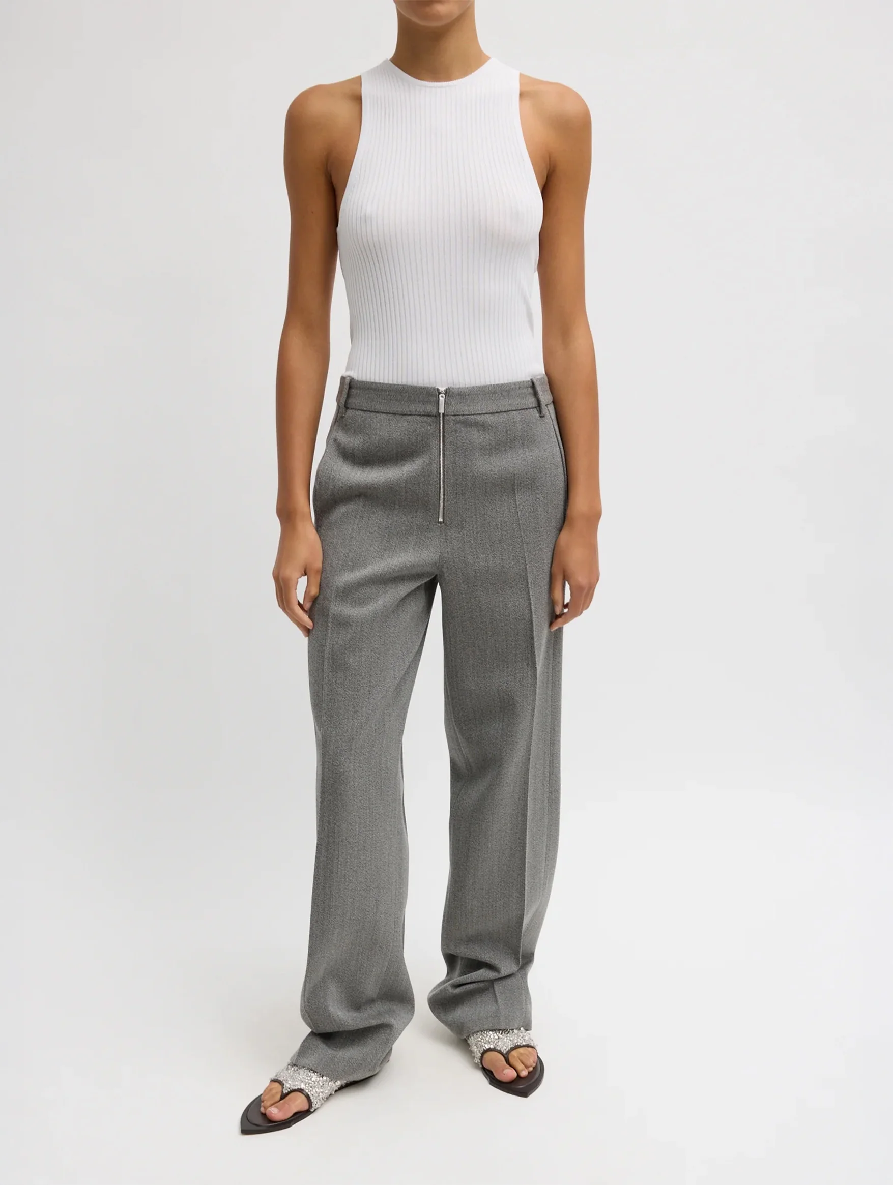 Structured Wool Zip Front Trouser in Grey Multi