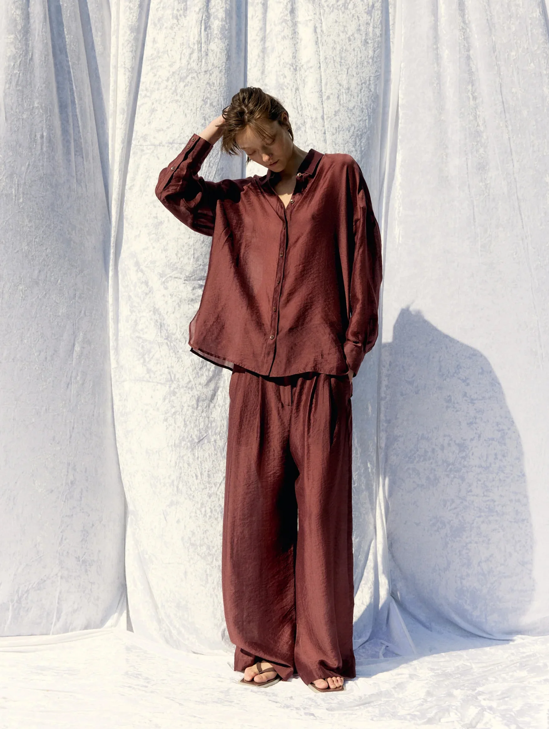 Summer Voile Oversized Shirt in Russet Brown - Image 6